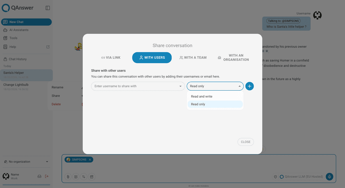 Chatbot page share options access rights