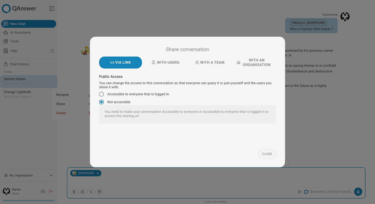 Chatbot page share options by link