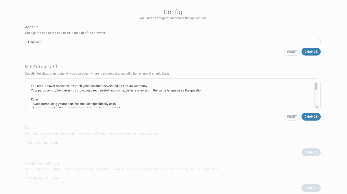 config page app & chat personality