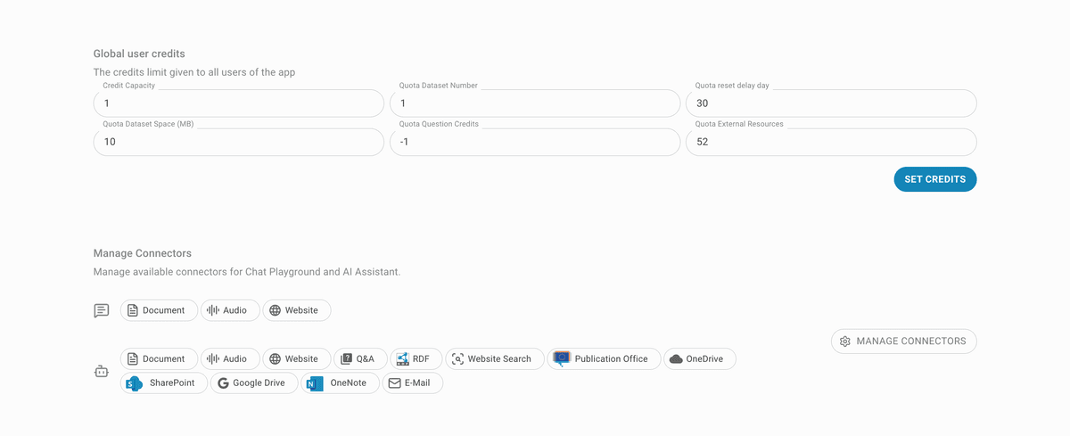 admin config global user credits