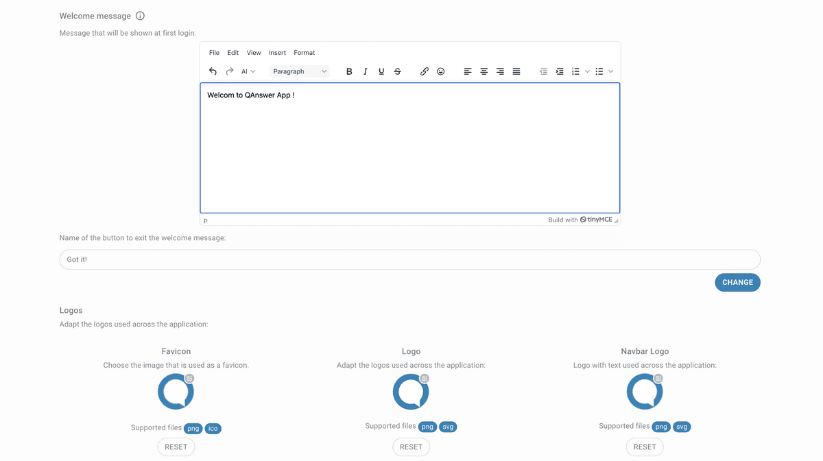 config page initial message & logos