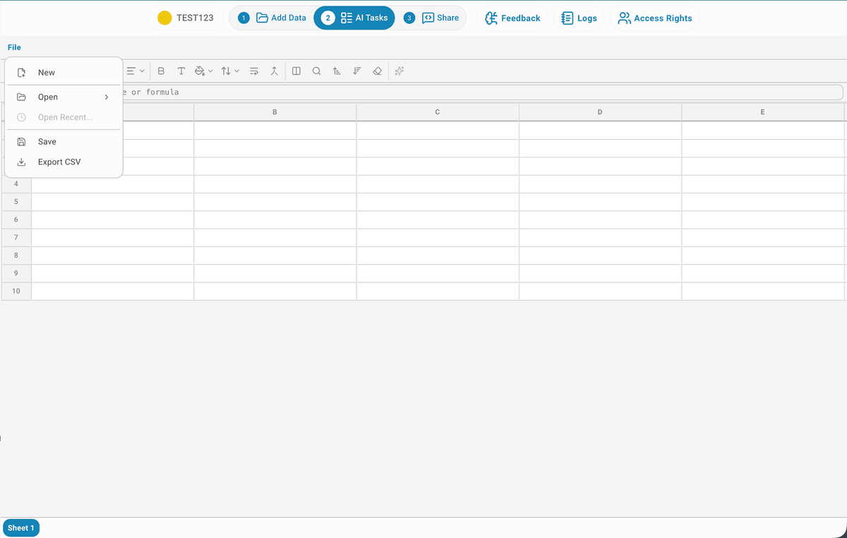 AI Spreadsheet File menu