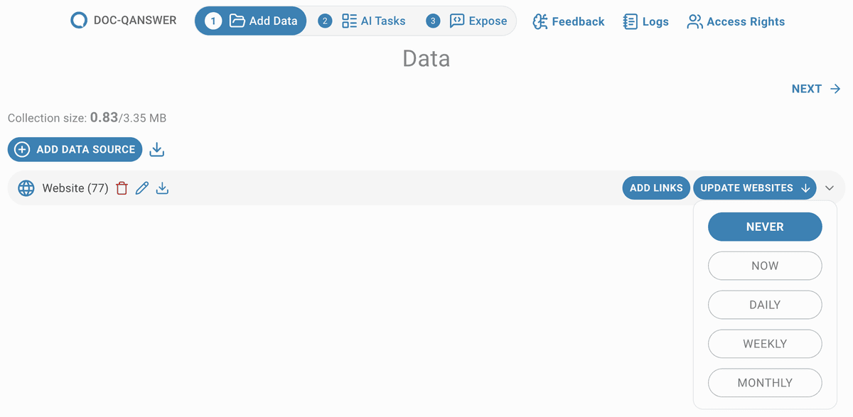 Data Source update frequency options