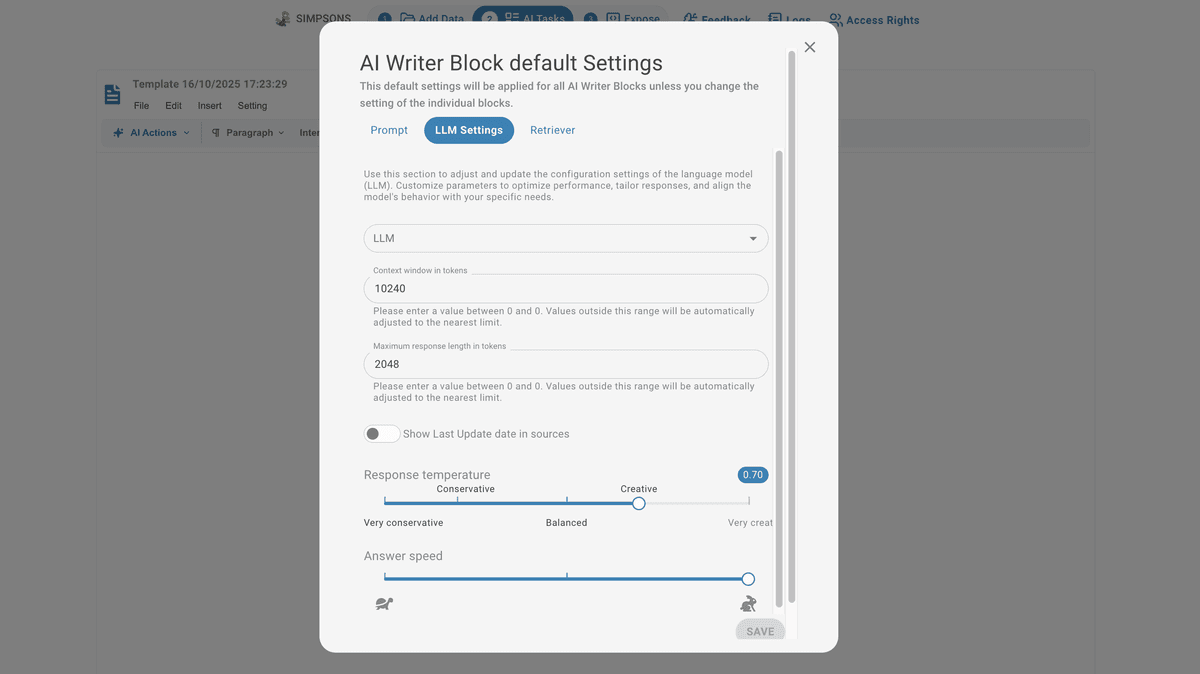 Report Generator pages settings LLM settings