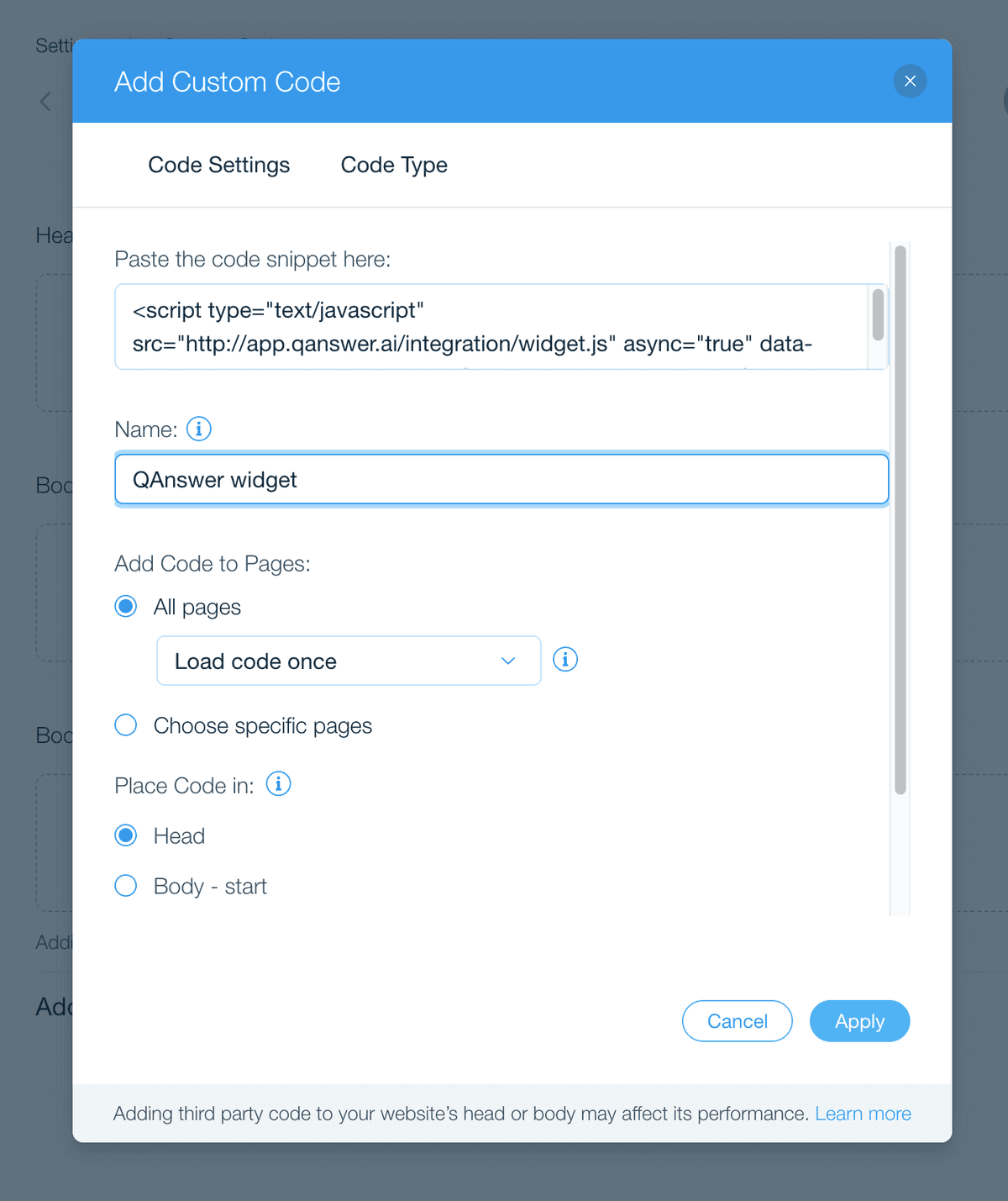 wix add custom code