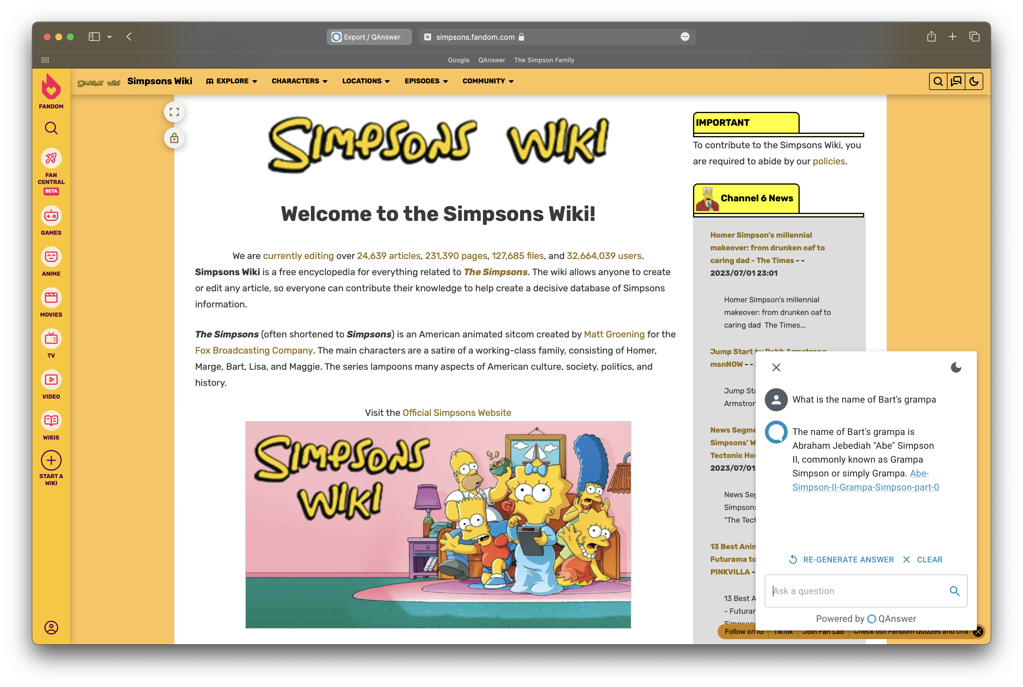 Use the widget while browsing on the simpsons wiki