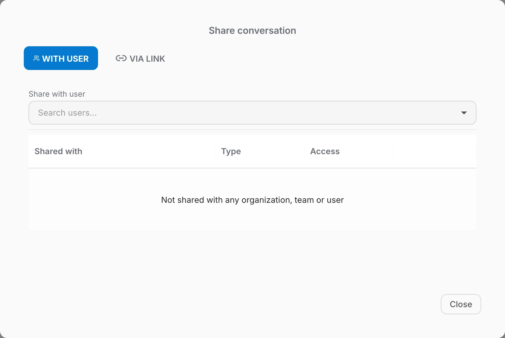 Share conversation dialog, With User tab