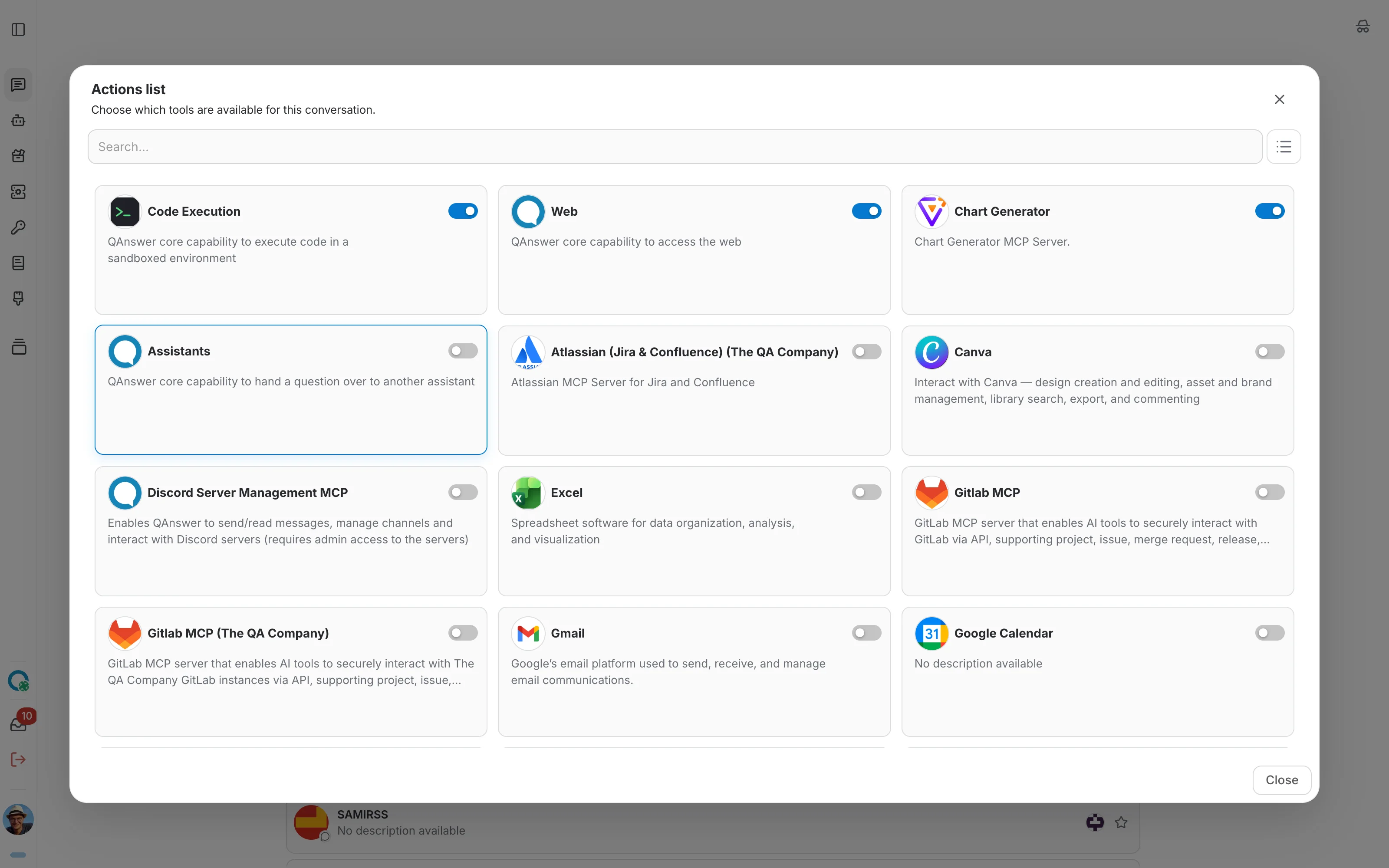 The chat tool selector with the Code Execution capability enabled