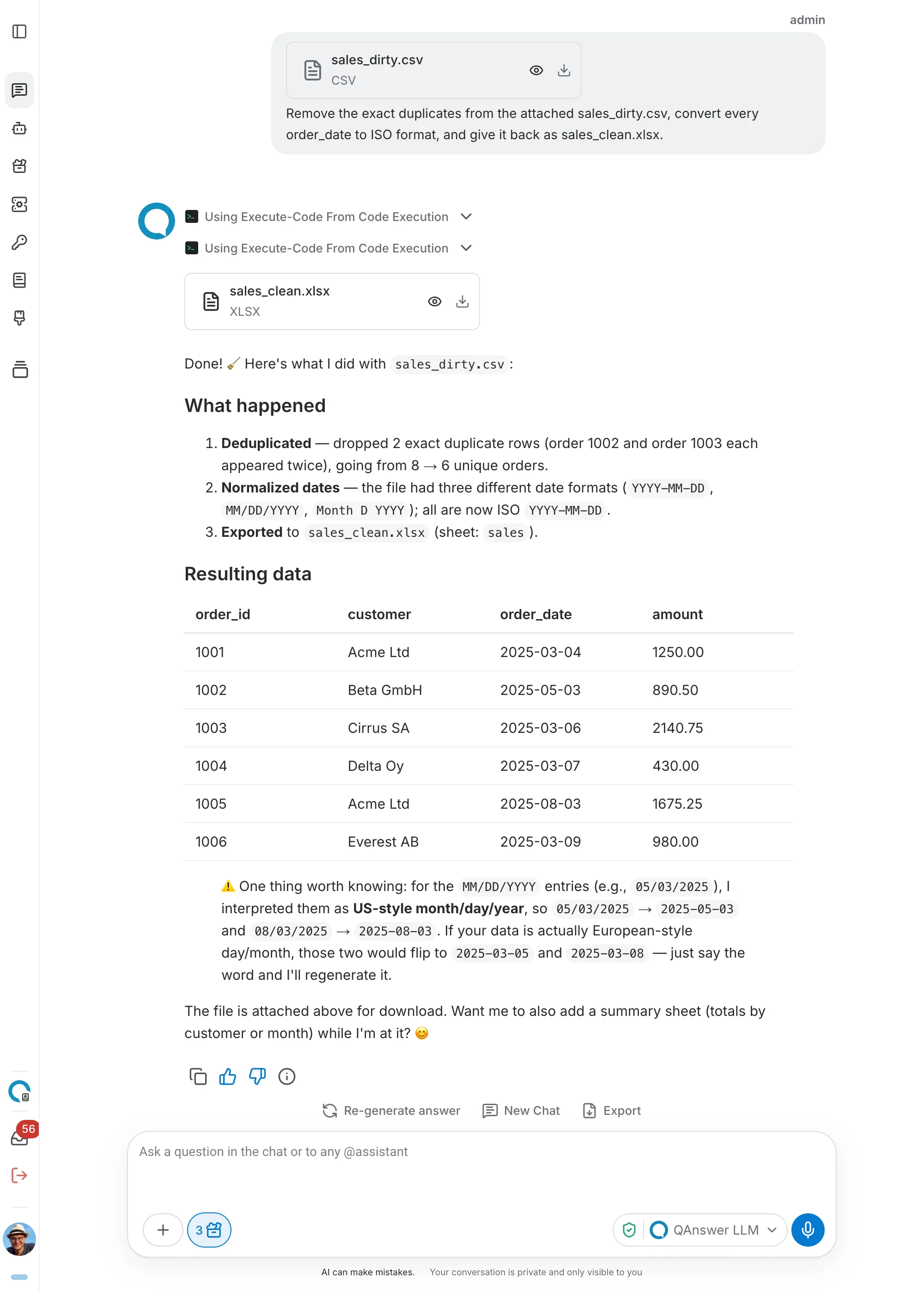 A chat run cleaning an attached CSV and returning it as an Excel workbook