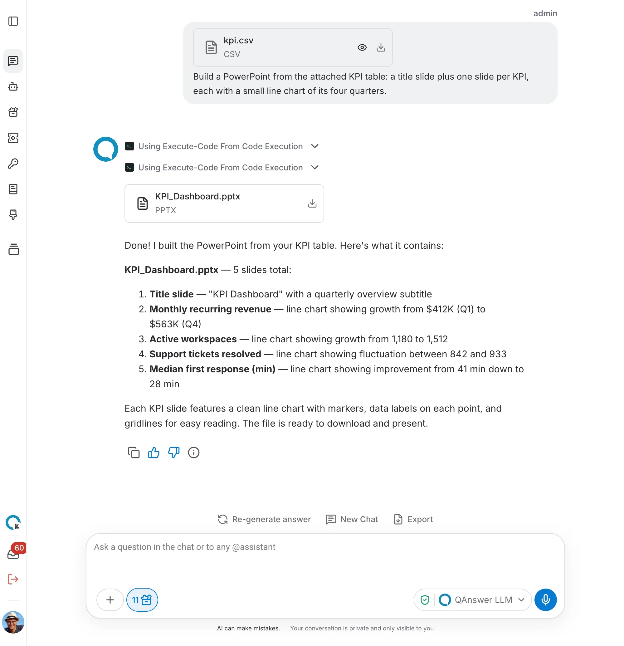 A chat run building a PowerPoint deck from an attached KPI table