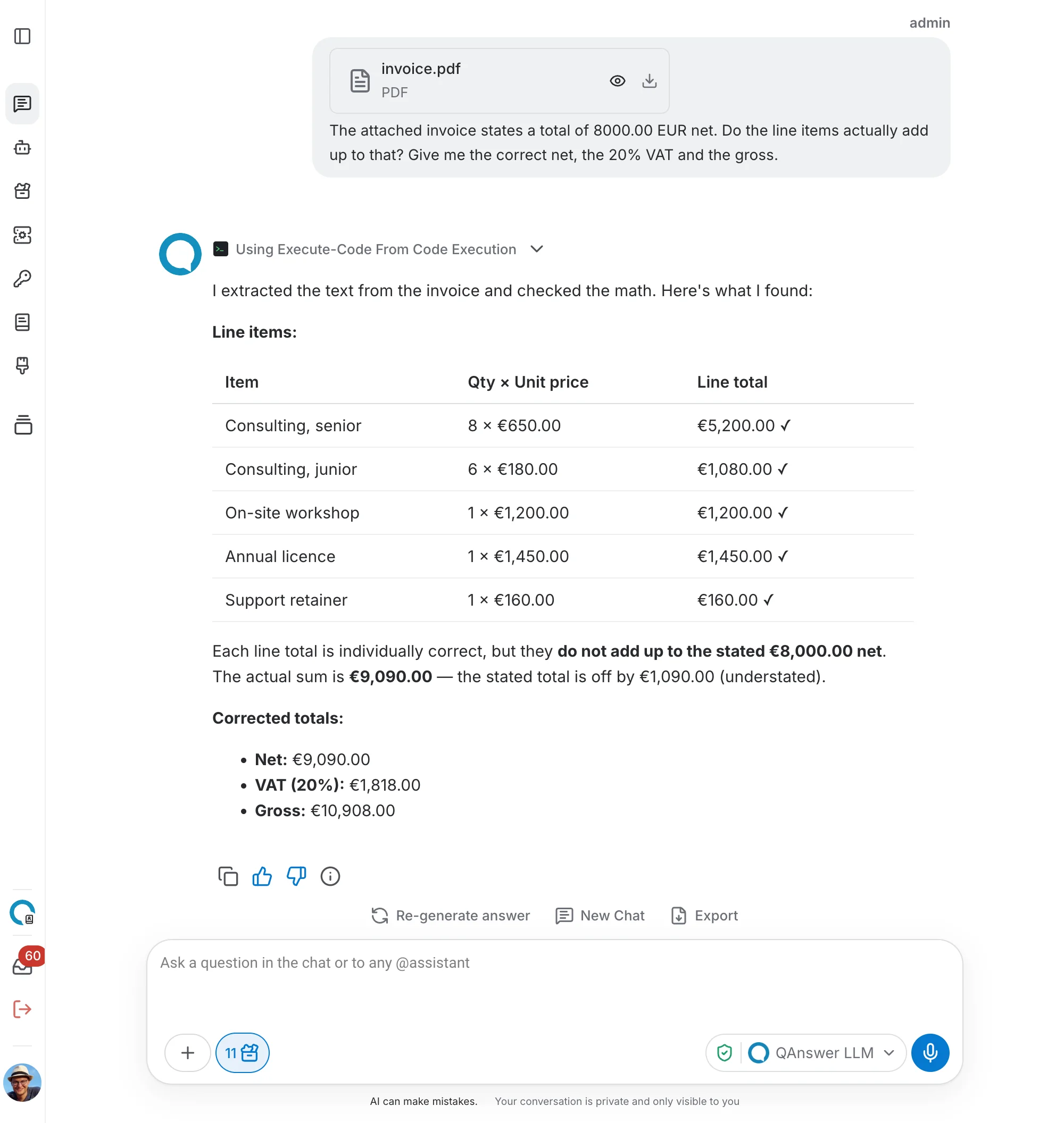 A chat run checking an invoice's line items against its stated total