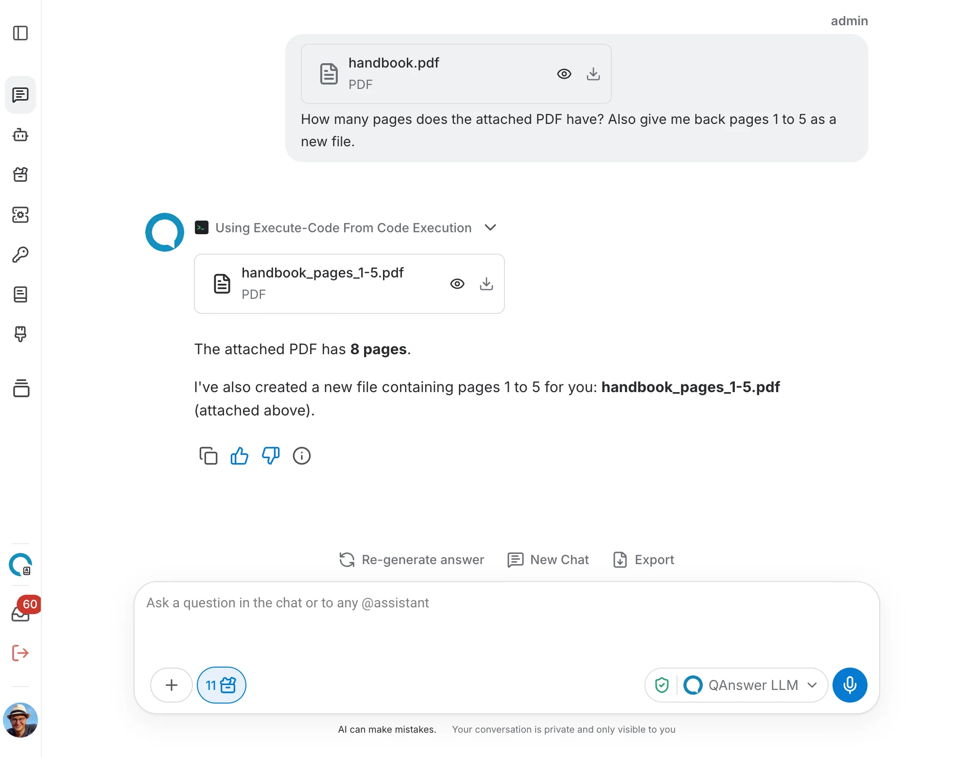A chat run reporting the page count of an attached PDF and returning an extract