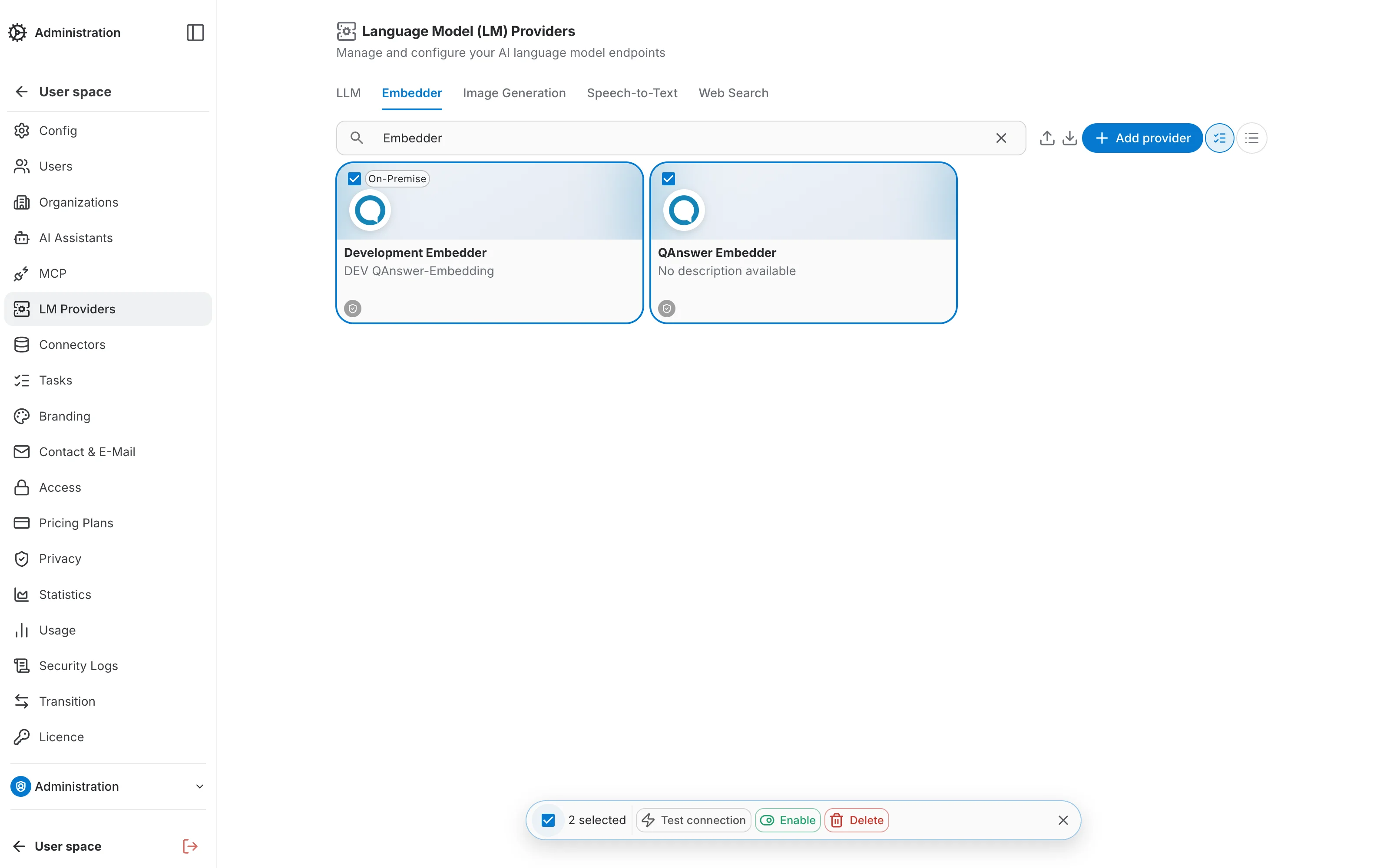 Embedder Providers — select mode with batch actions bar