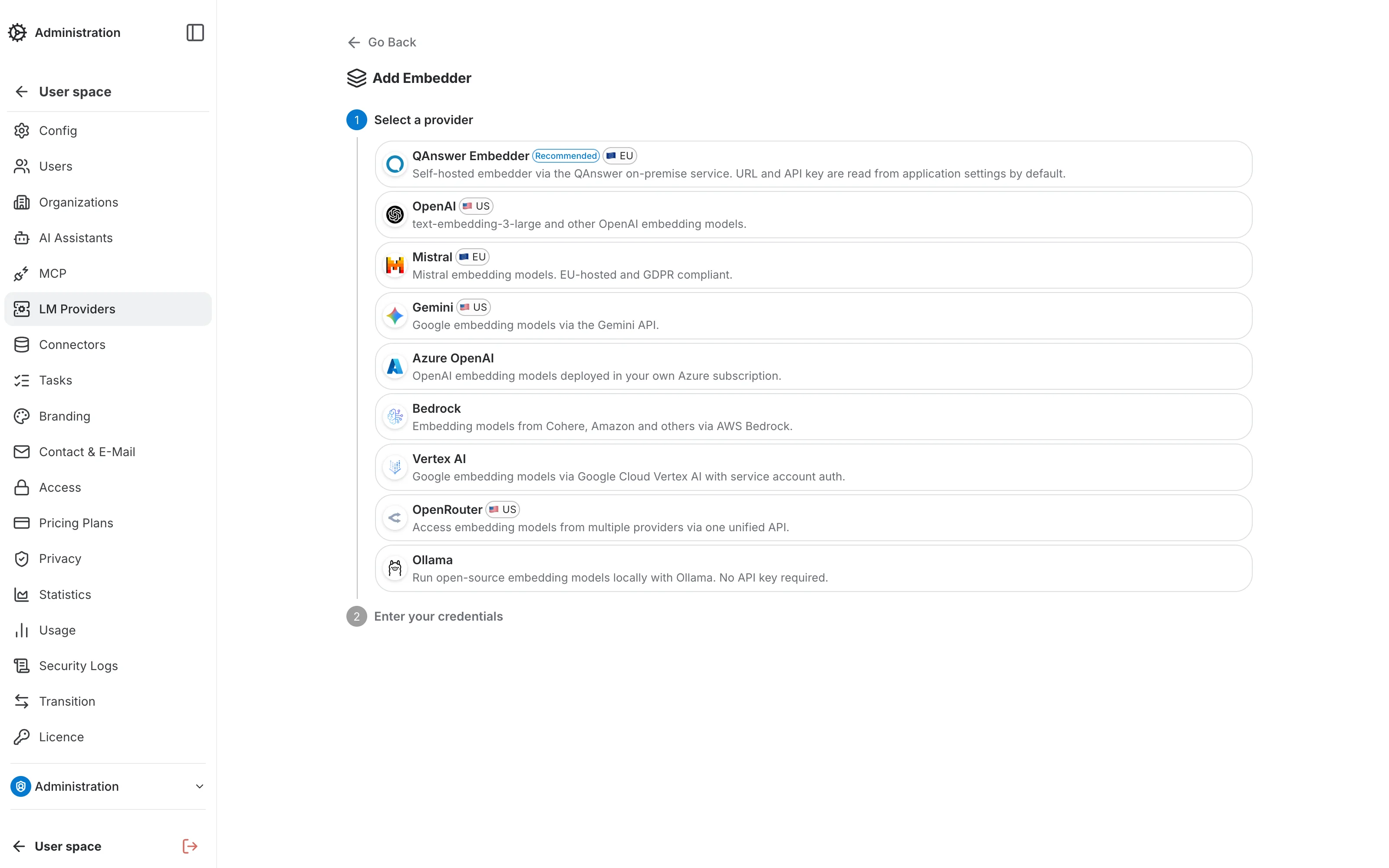 Embedder Providers Create — Step 1, select a provider
