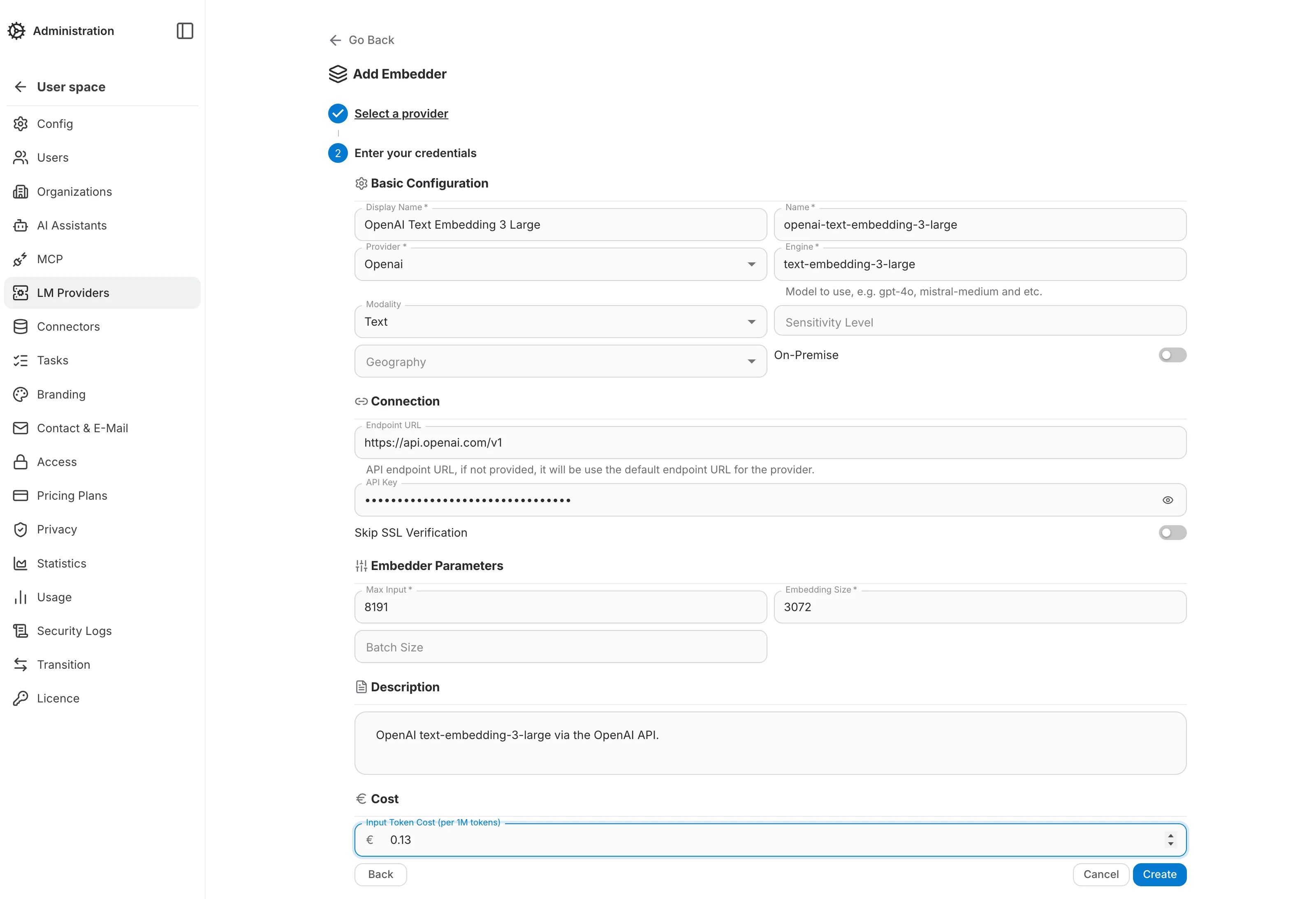 Embedder Providers Create — Step 2, endpoint configuration