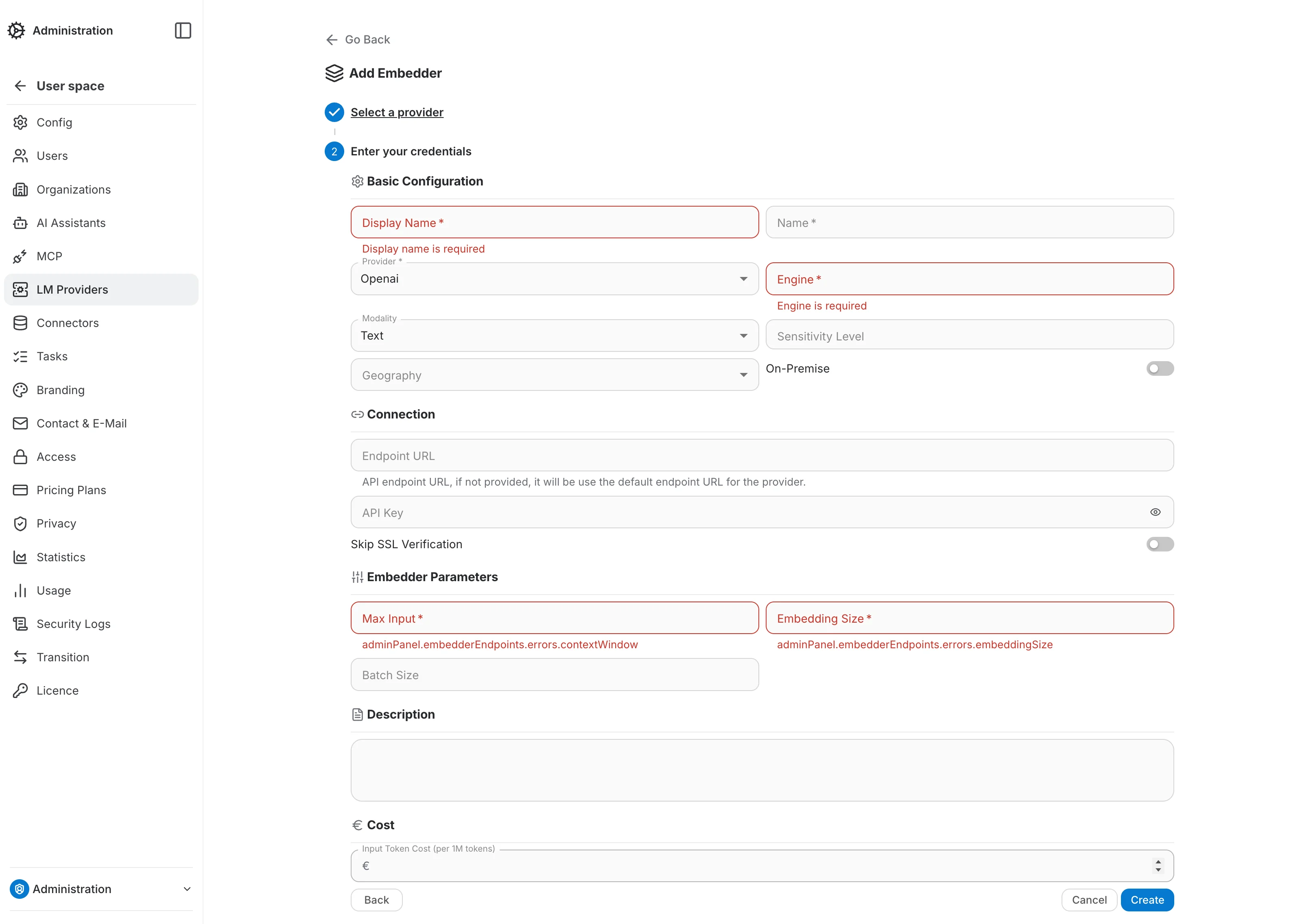 Embedder Providers — required-field validation