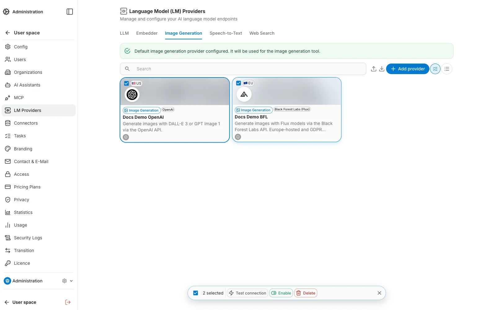 Image Generation Providers — select mode with batch actions bar