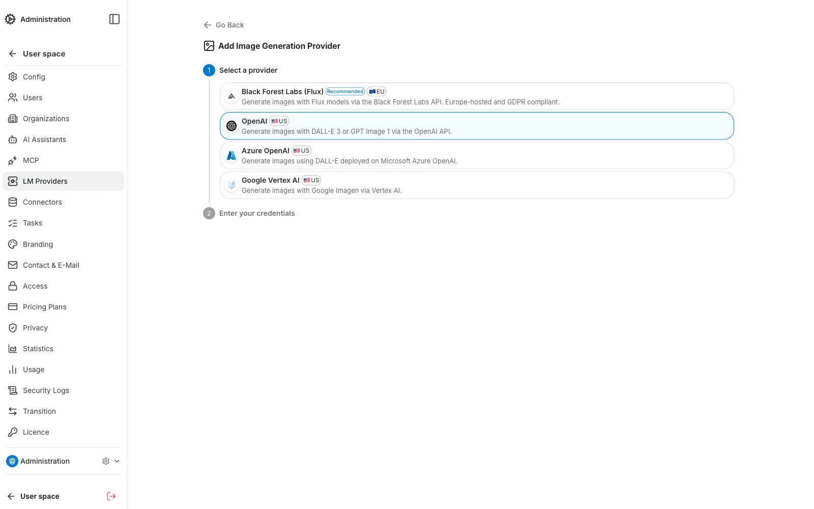 Image Generation Providers Create — Step 1, select a provider