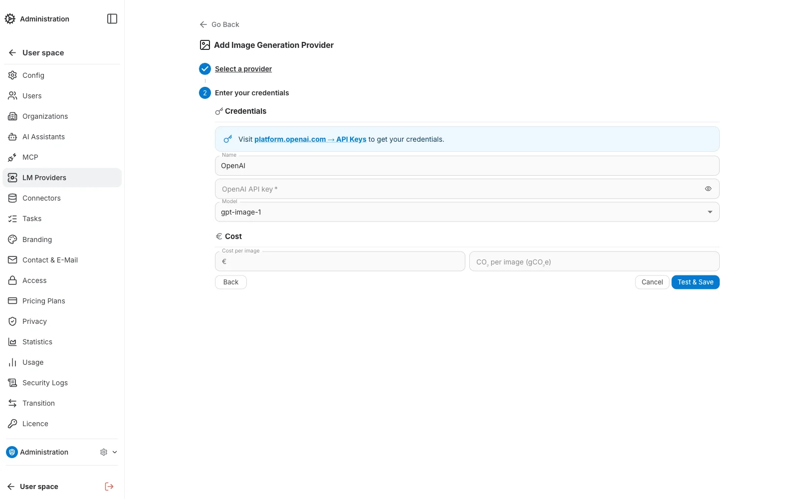 Image Generation Providers Create — Step 2, credentials and cost