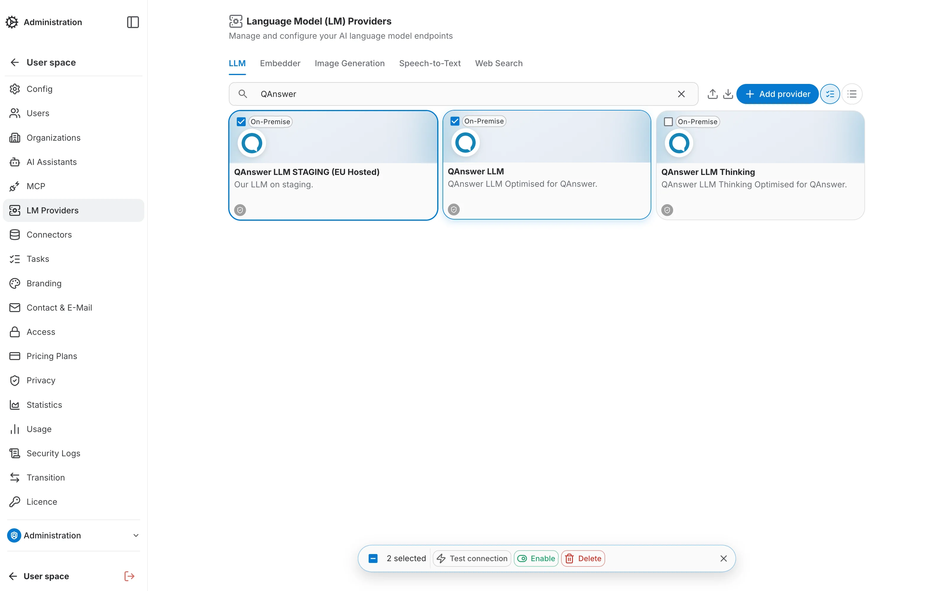 LM Providers — select mode with batch actions bar
