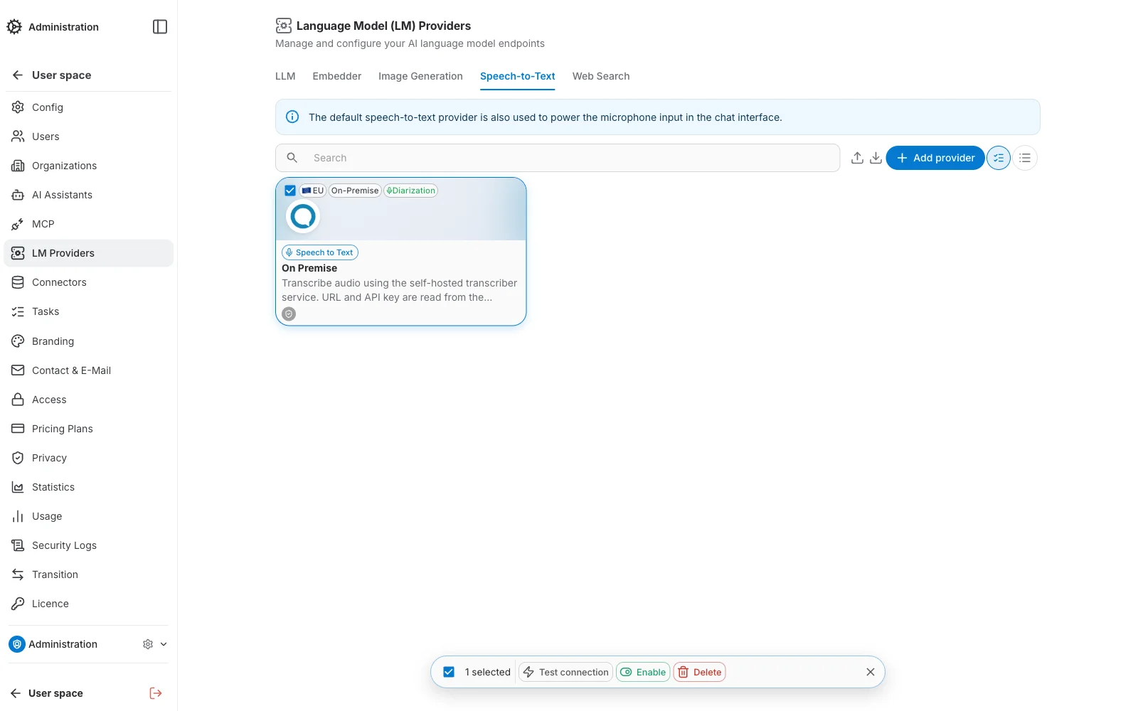 Speech-to-Text Providers — select mode with batch actions bar