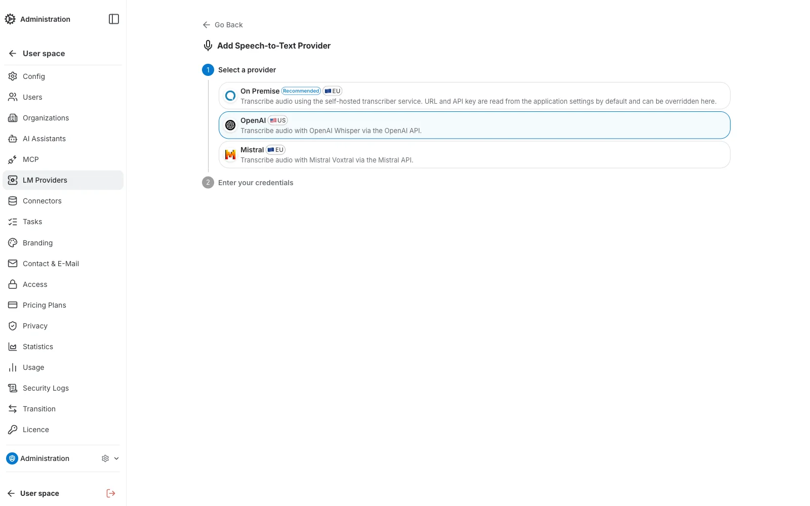 Speech-to-Text Providers Create — Step 1, select a provider