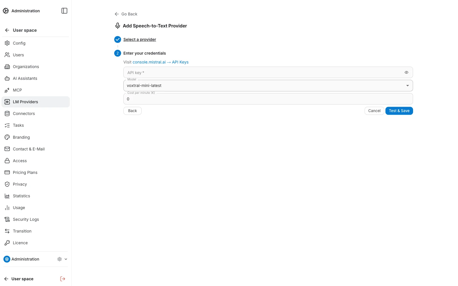 Speech-to-Text Providers Create — Step 2, credentials and model