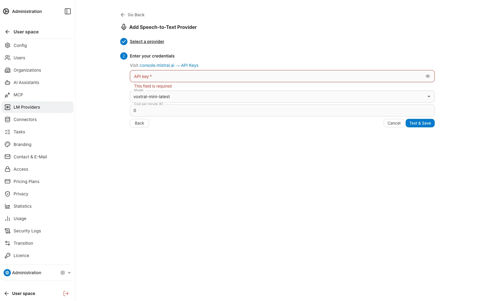 Speech-to-Text Providers — required-field validation