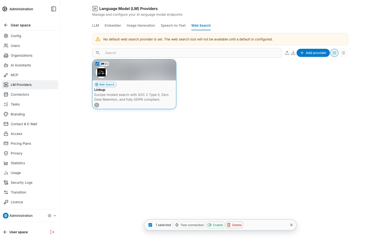 Web Search Providers — select mode with batch actions bar