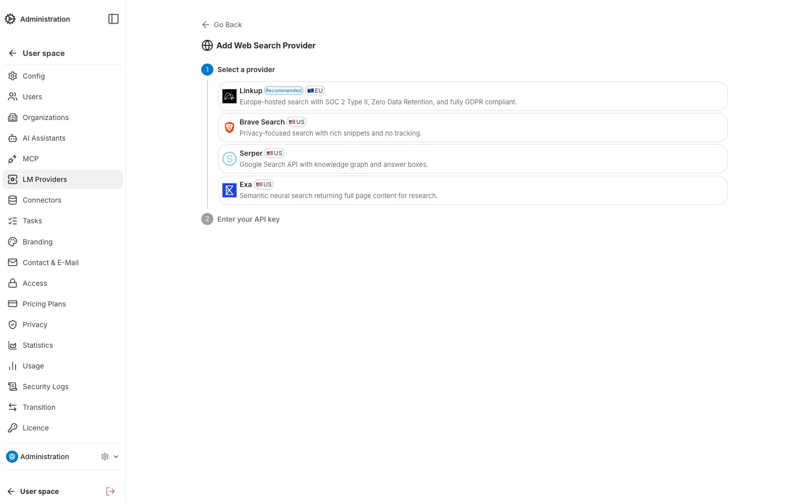 Web Search Providers Create — Step 1, select a provider