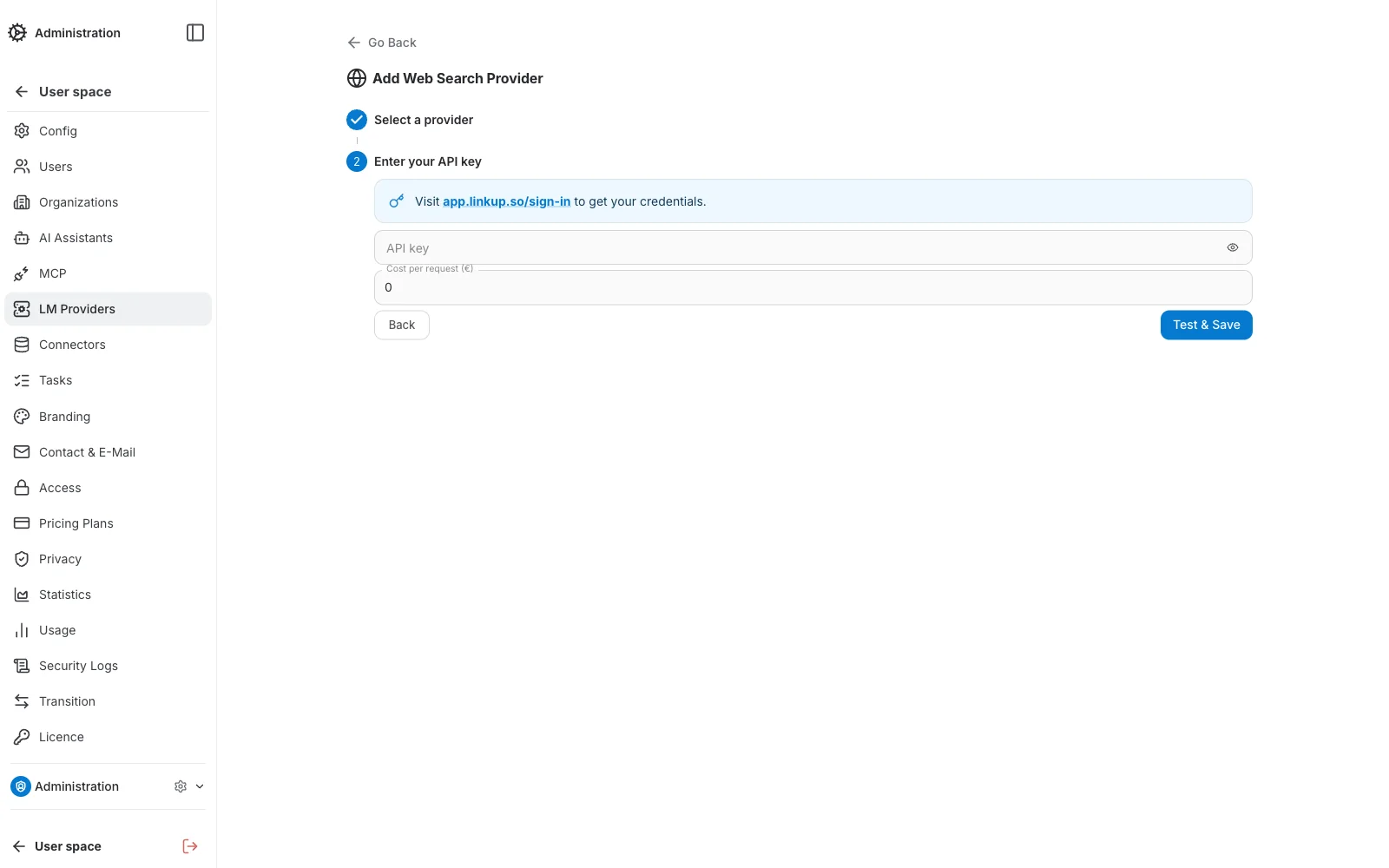 Web Search Providers Create — Step 2, credentials and cost