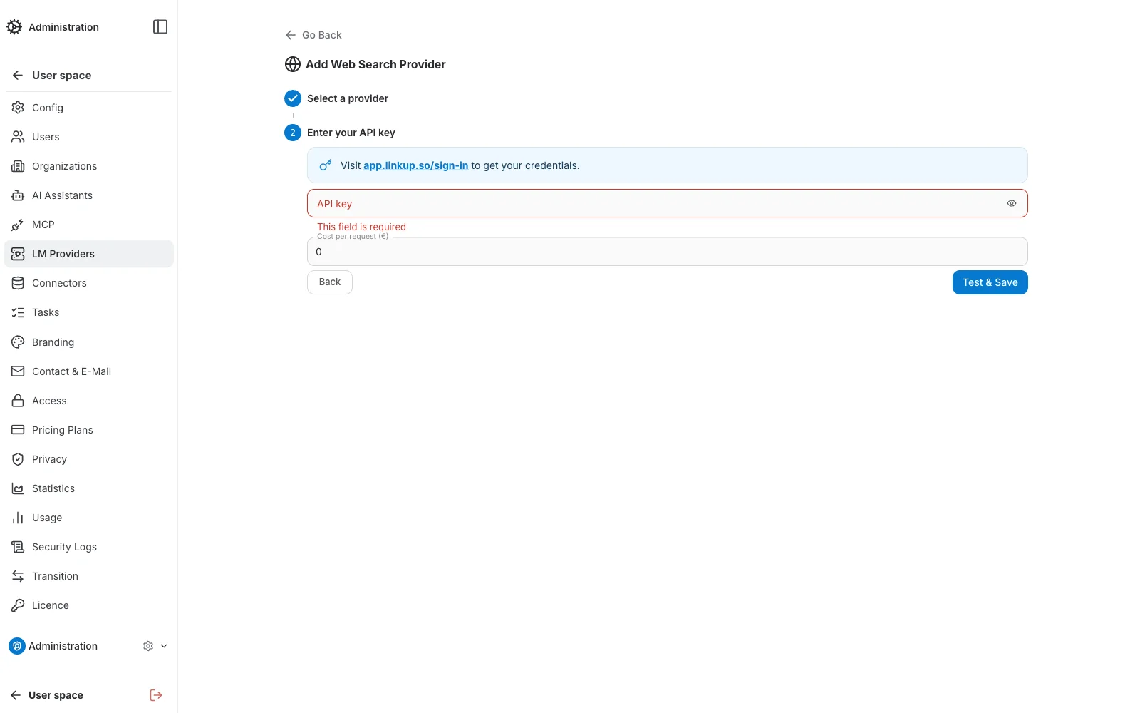 Web Search Providers — required-field validation