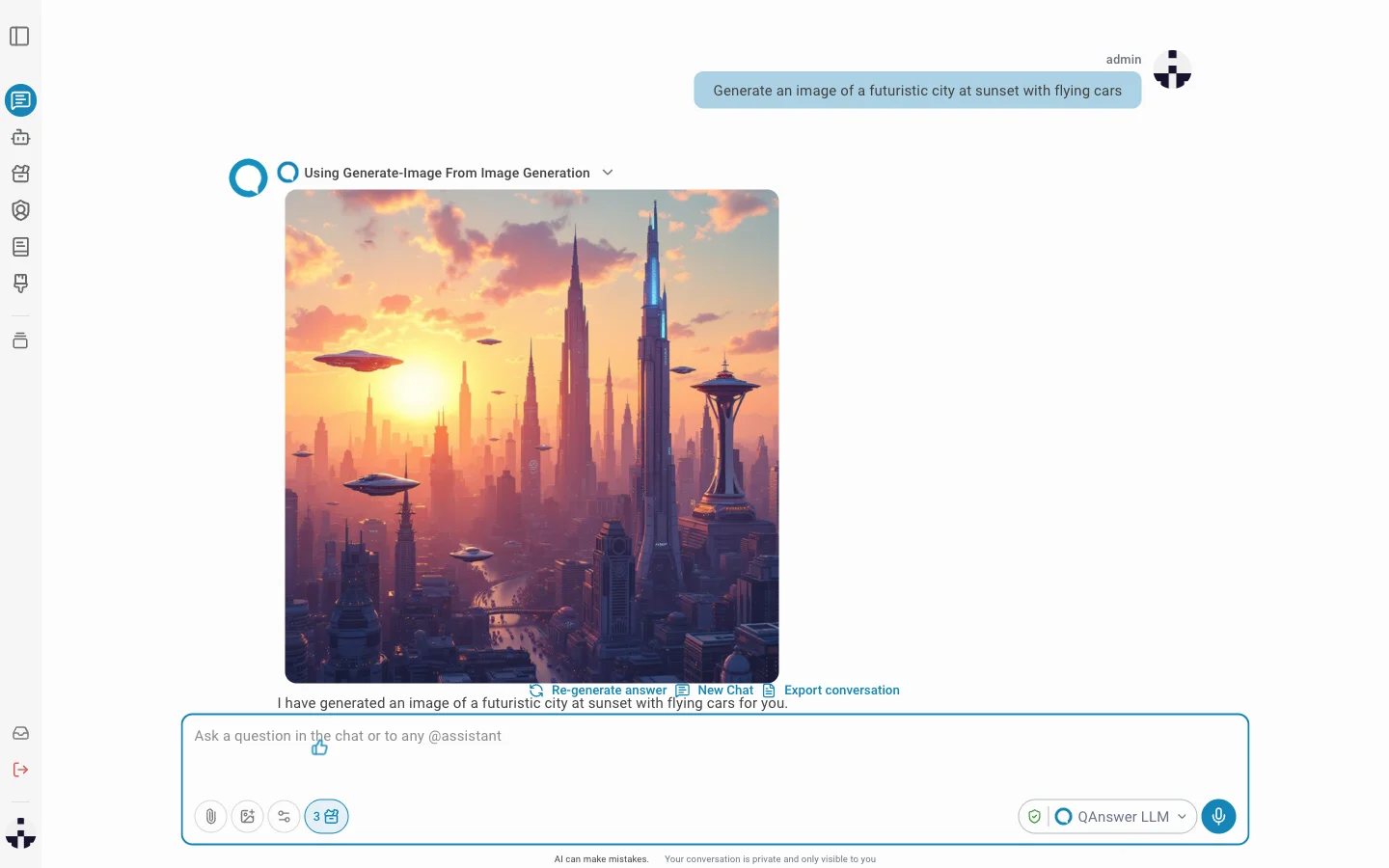 LLM-Chat mit einem generierten Bild einer futuristischen Stadt bei Sonnenuntergang mit fliegenden Autos