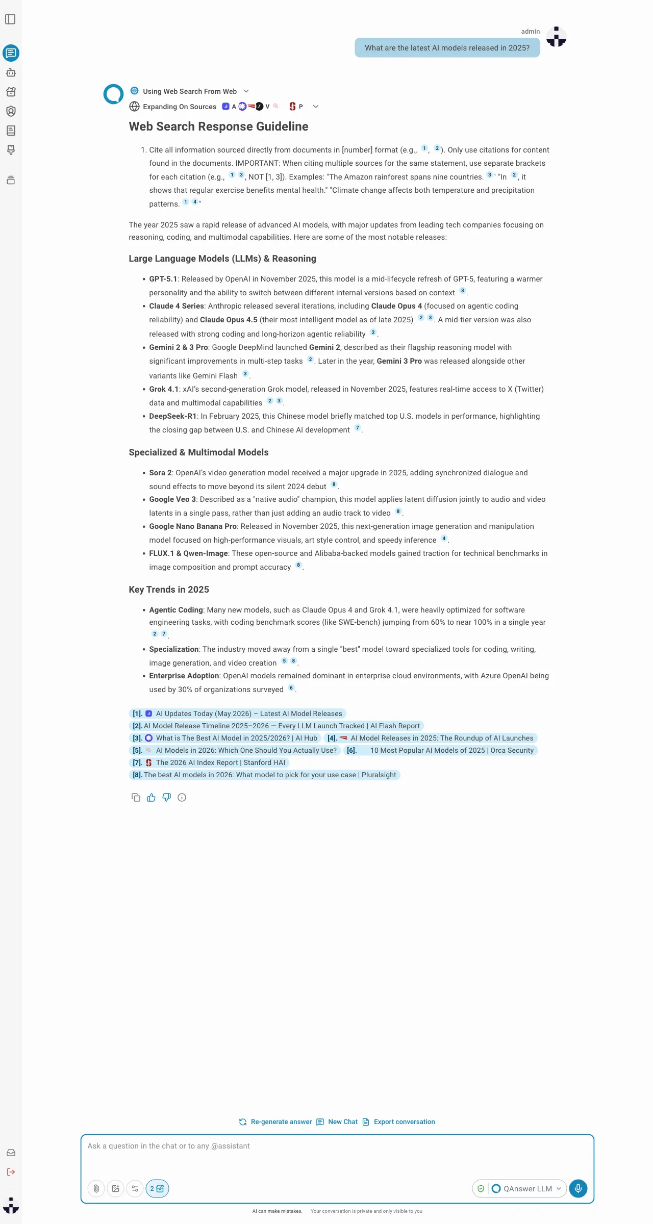 Web search question and answer with sources