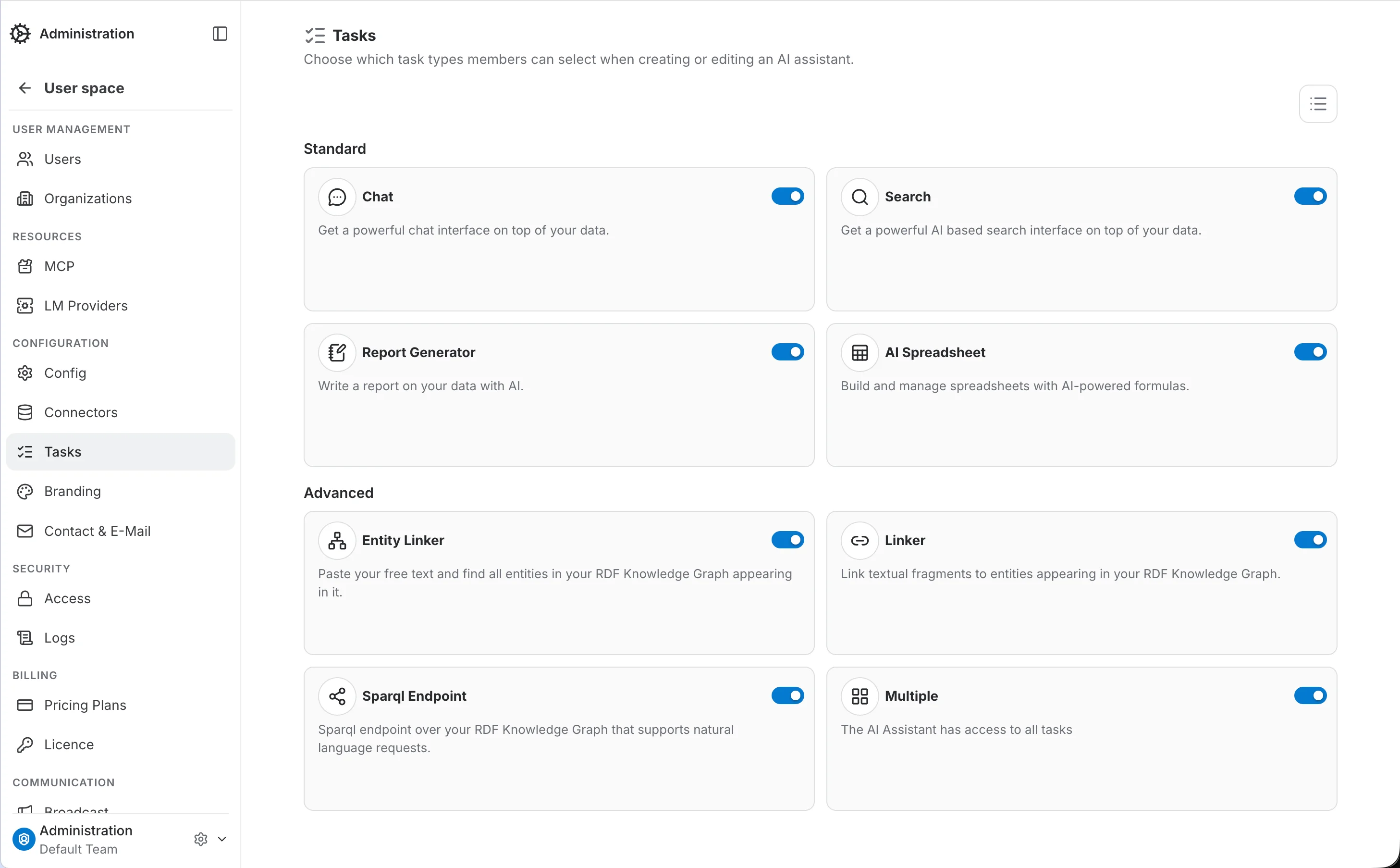 Tasks tab — every task type active