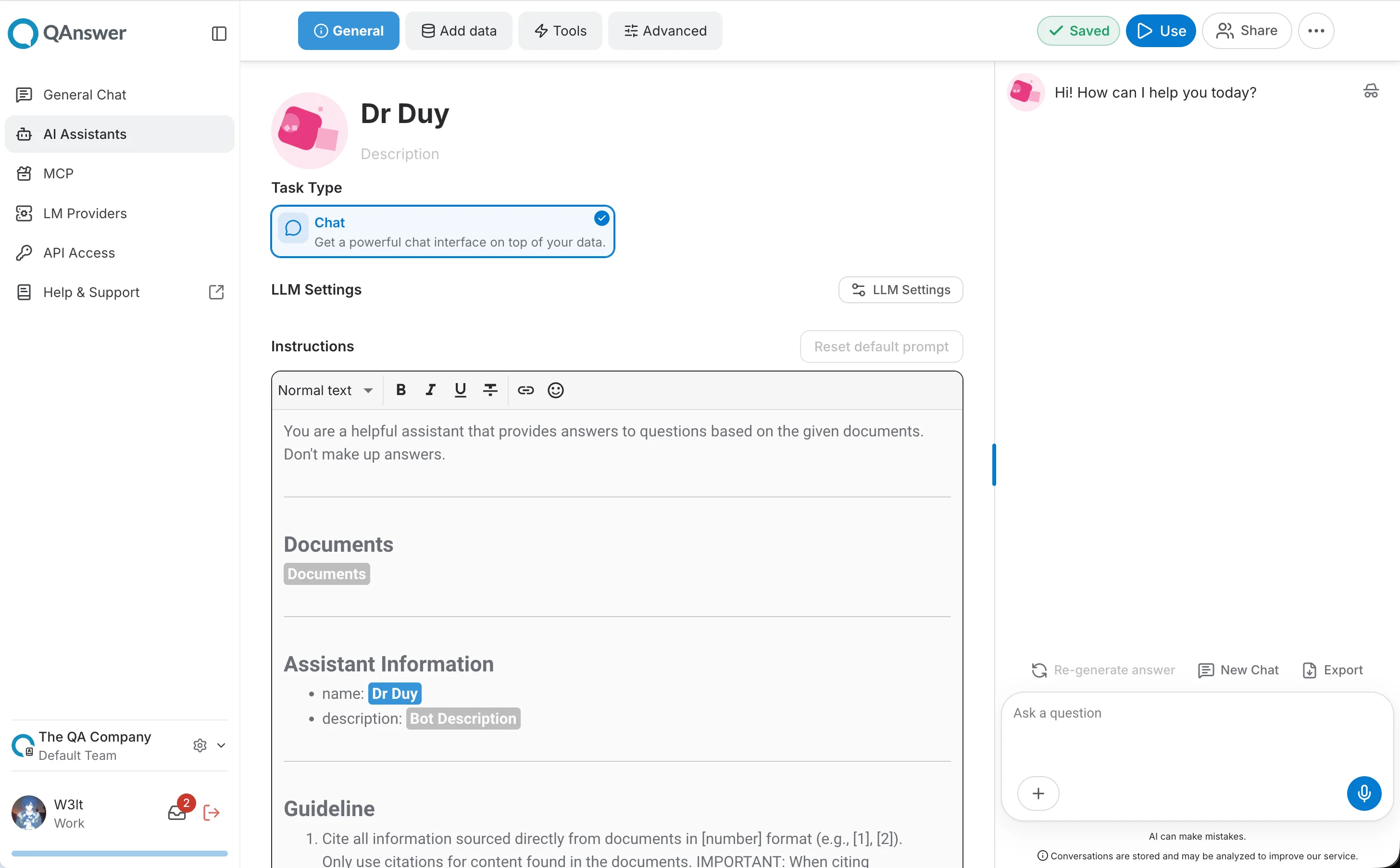 AI Assistant Task Type picker — only Chat is offered