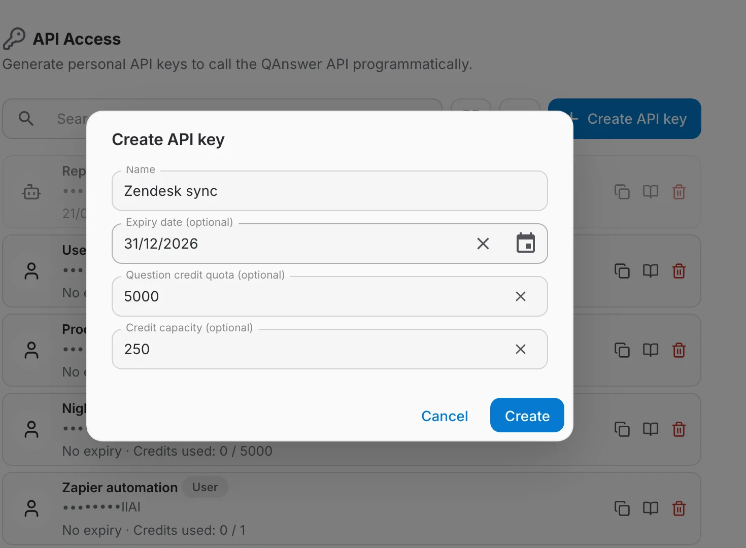 The Create API key dialog open over the API Access page, every field filled and showing its clear button