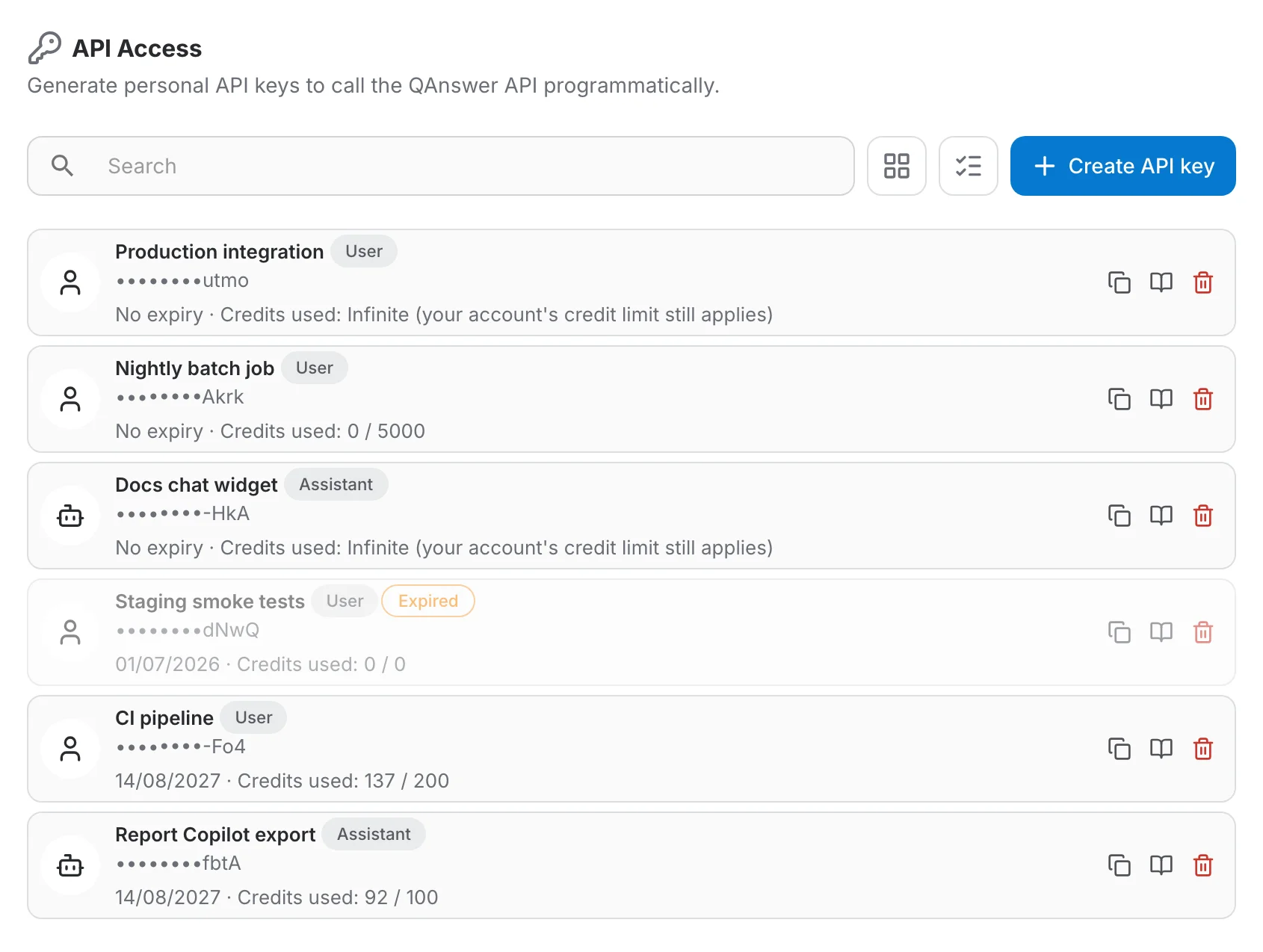 The API Access page listing keys of several kinds, one of them expired