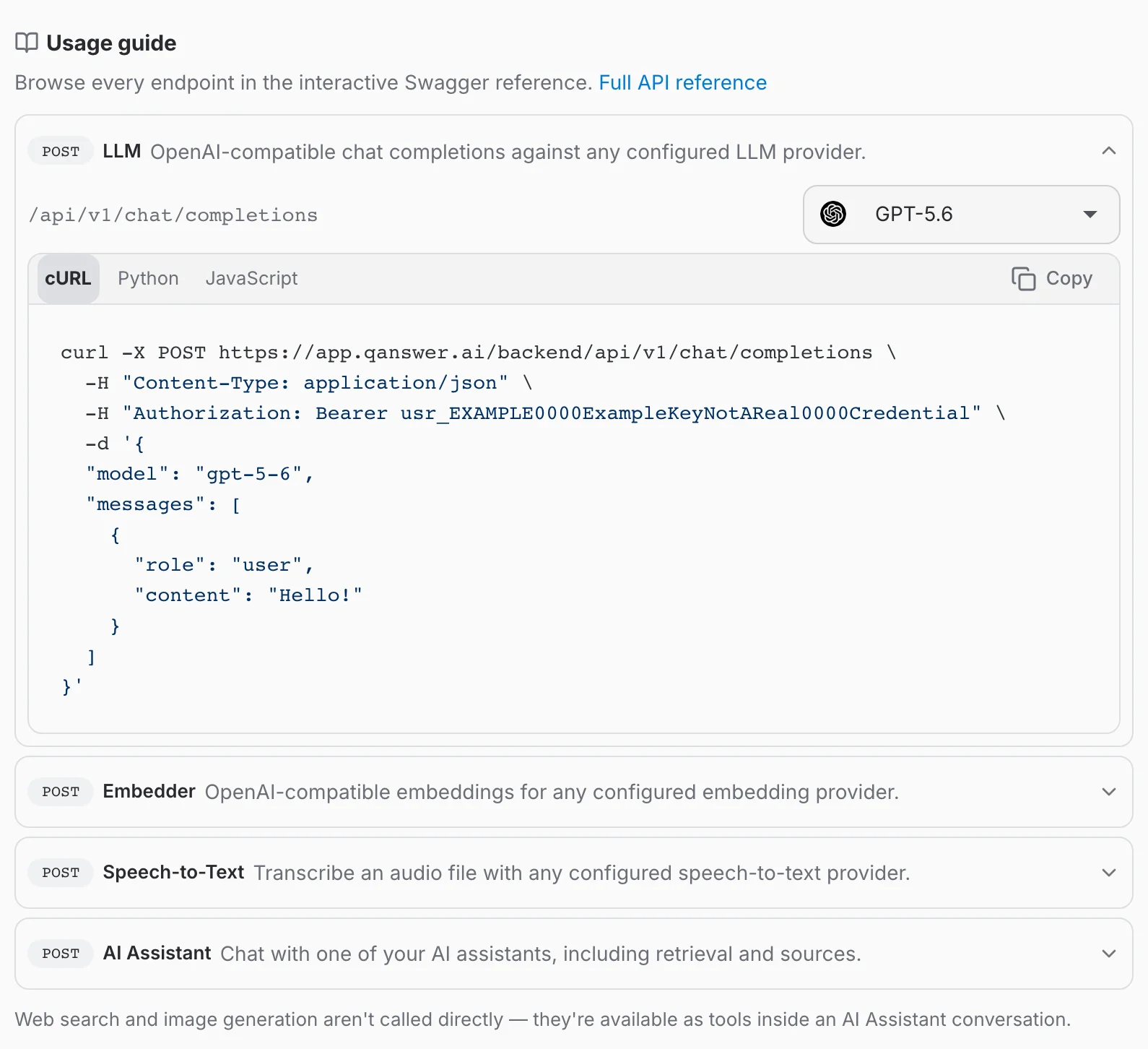 The Usage guide section of a user-level key, one endpoint card open on its cURL snippet