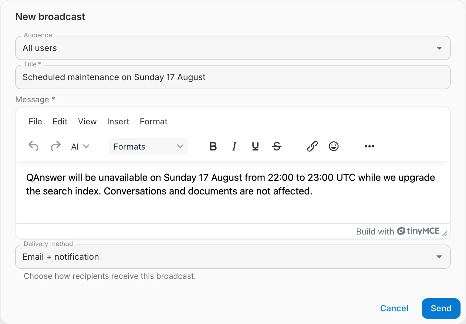 Composing a broadcast for all users