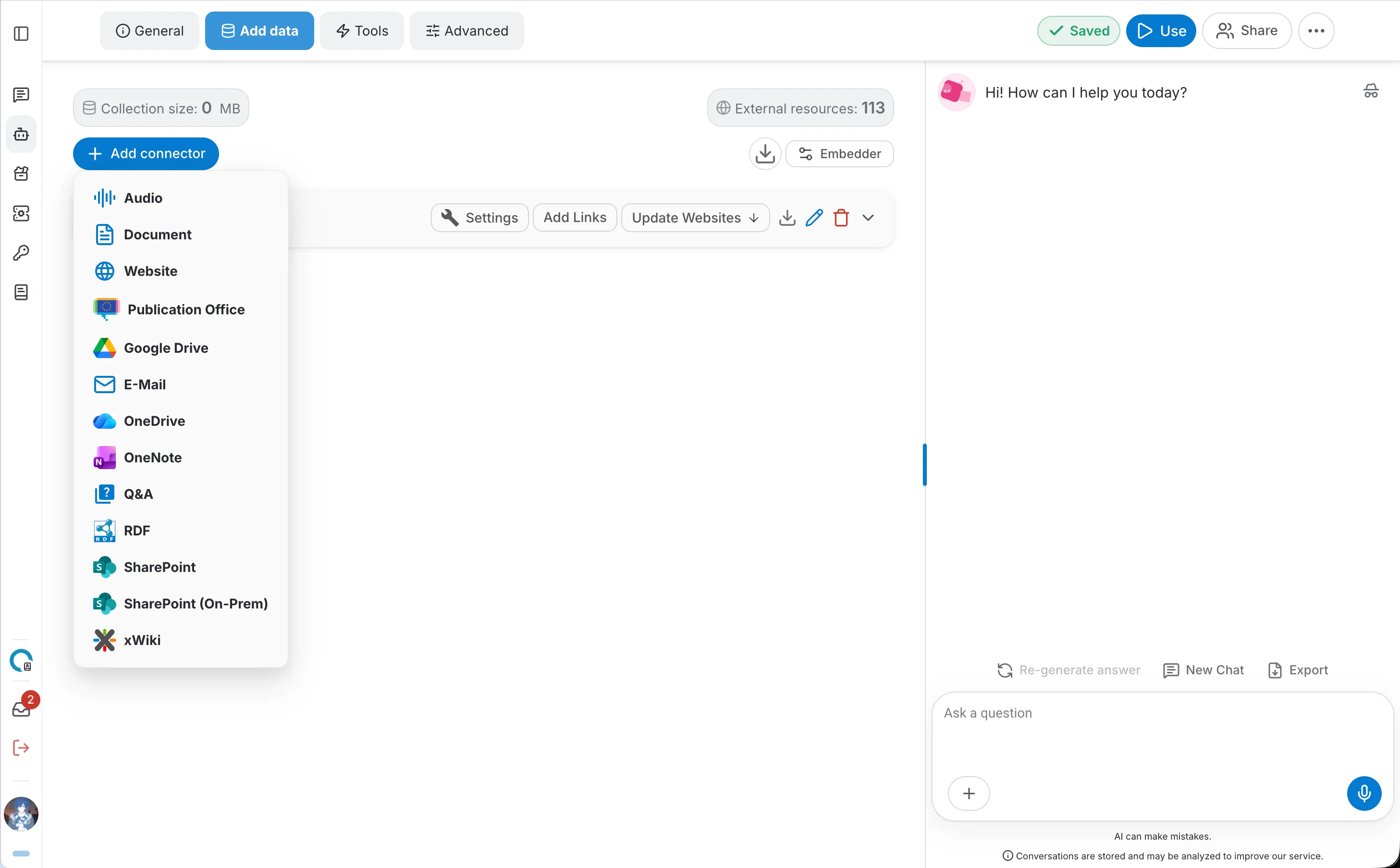 Avant — Audio est proposé aux côtés des autres types de connecteurs dans le menu Ajouter un connecteur de l'onglet Ajouter des données.