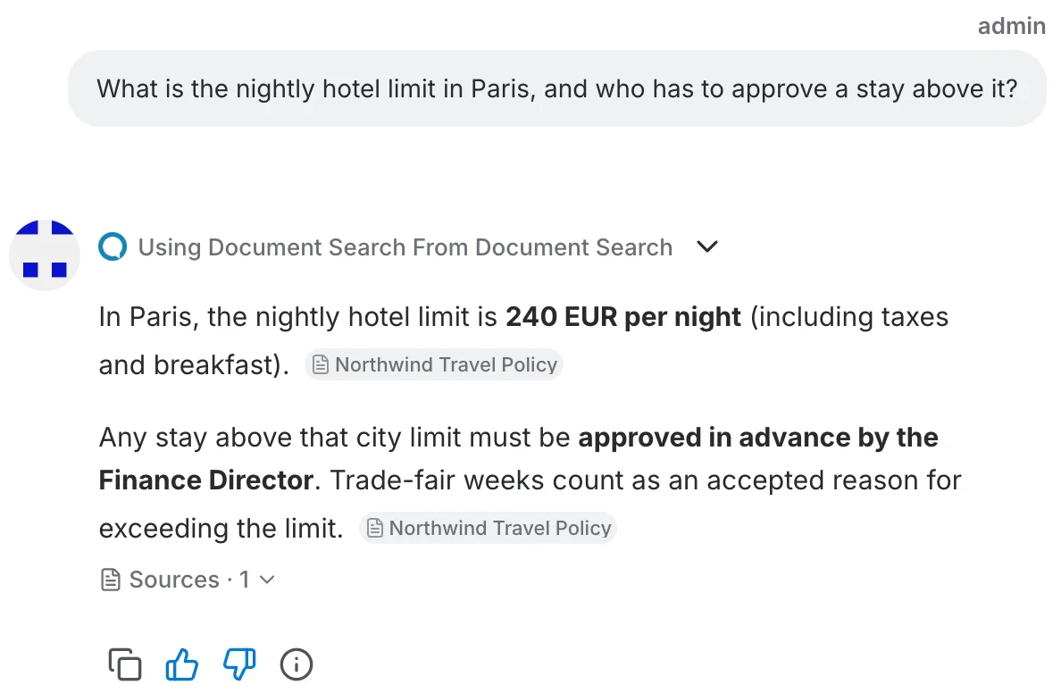 A chat answer produced with the Document Search tool, citing the policy it searched