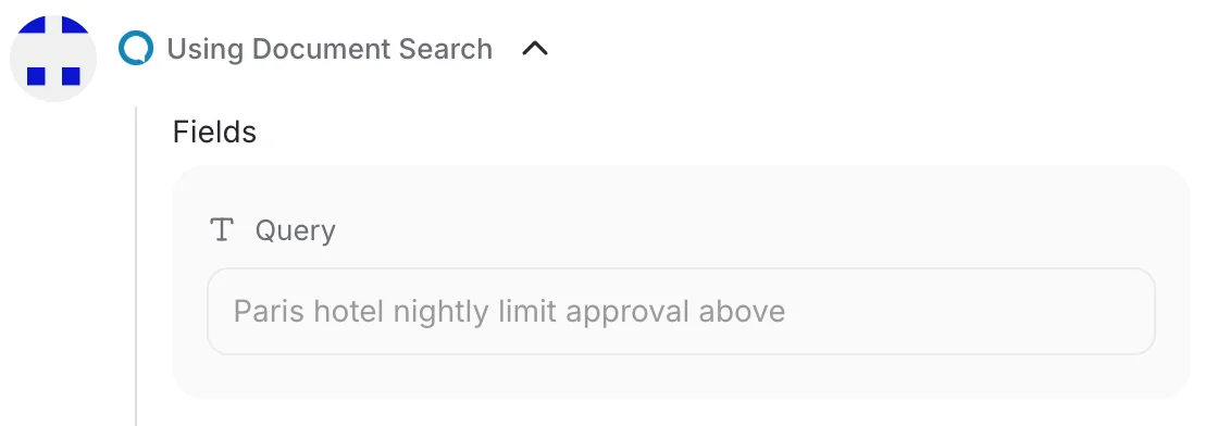 An opened Document Search tool call showing the query the assistant wrote