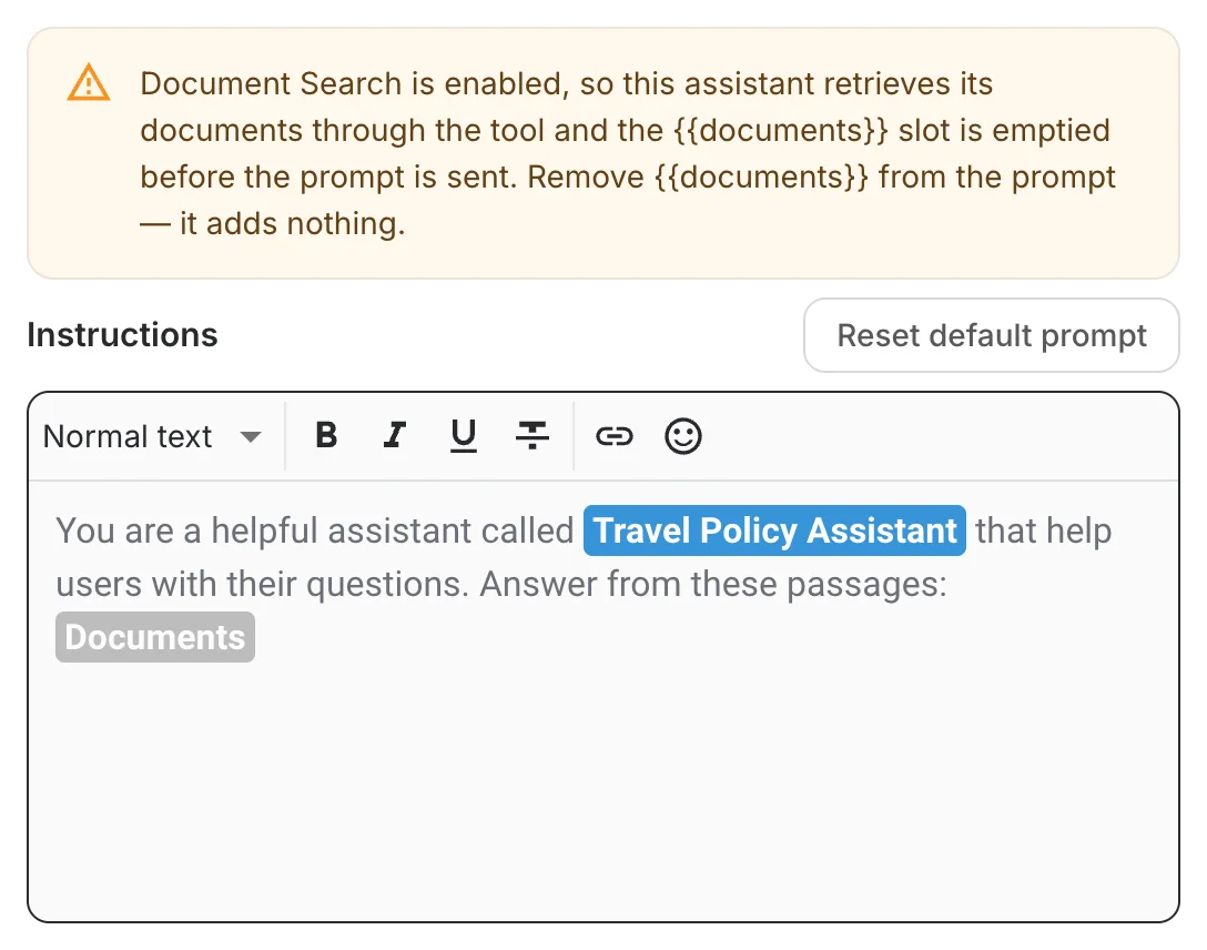 The prompt editor flagging a documents slot on an assistant that uses Document Search