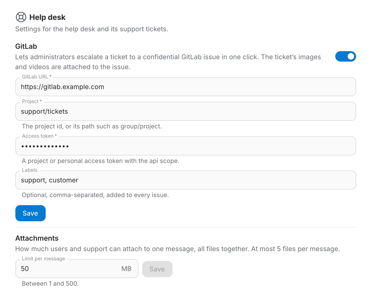 The Help desk settings page: the GitLab section switched on with its URL, project, access token and labels, and below it the Attachments section with a limit of 50 MB per message