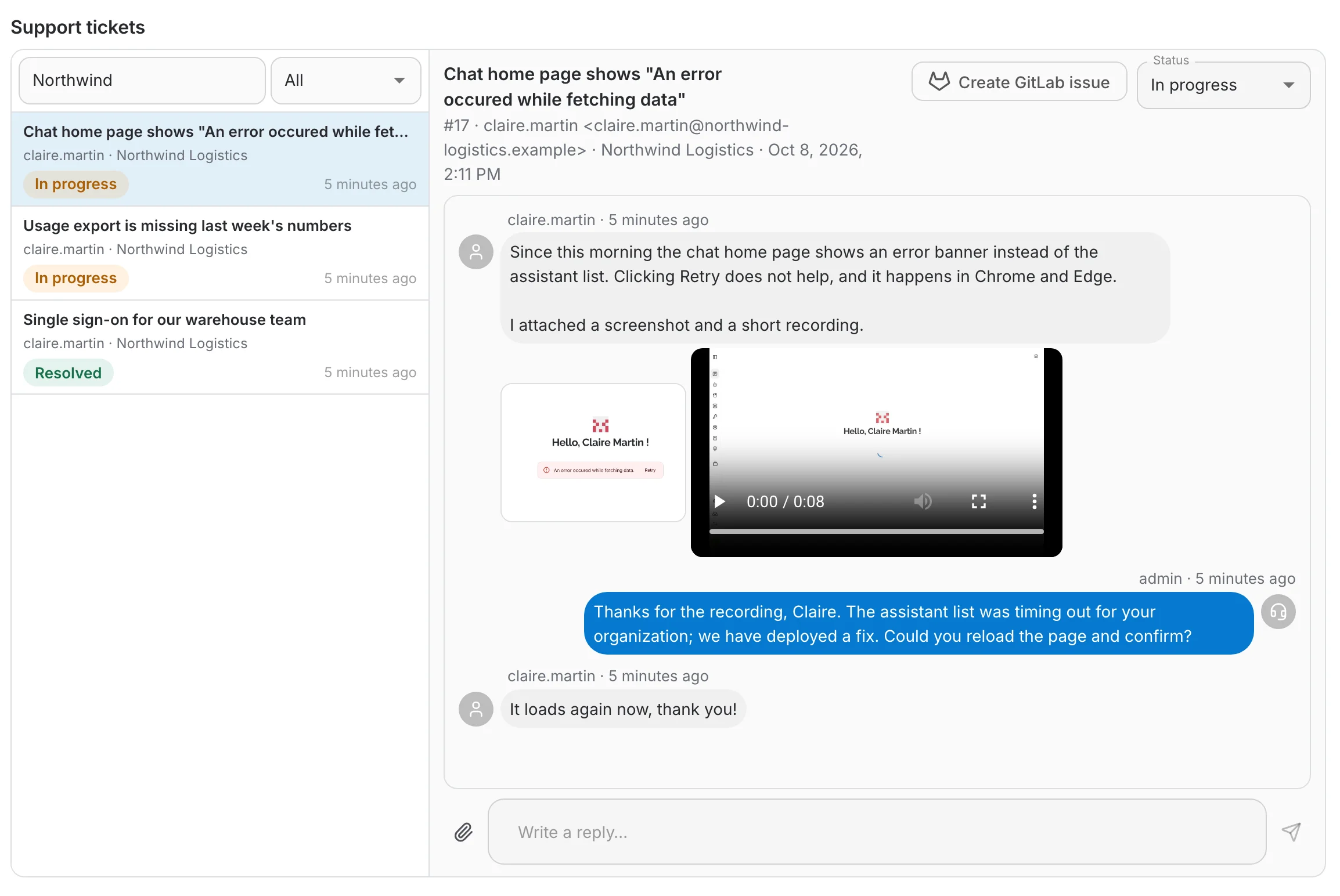 The Support tickets page: the ticket list filtered by a search, and the selected ticket with its conversation