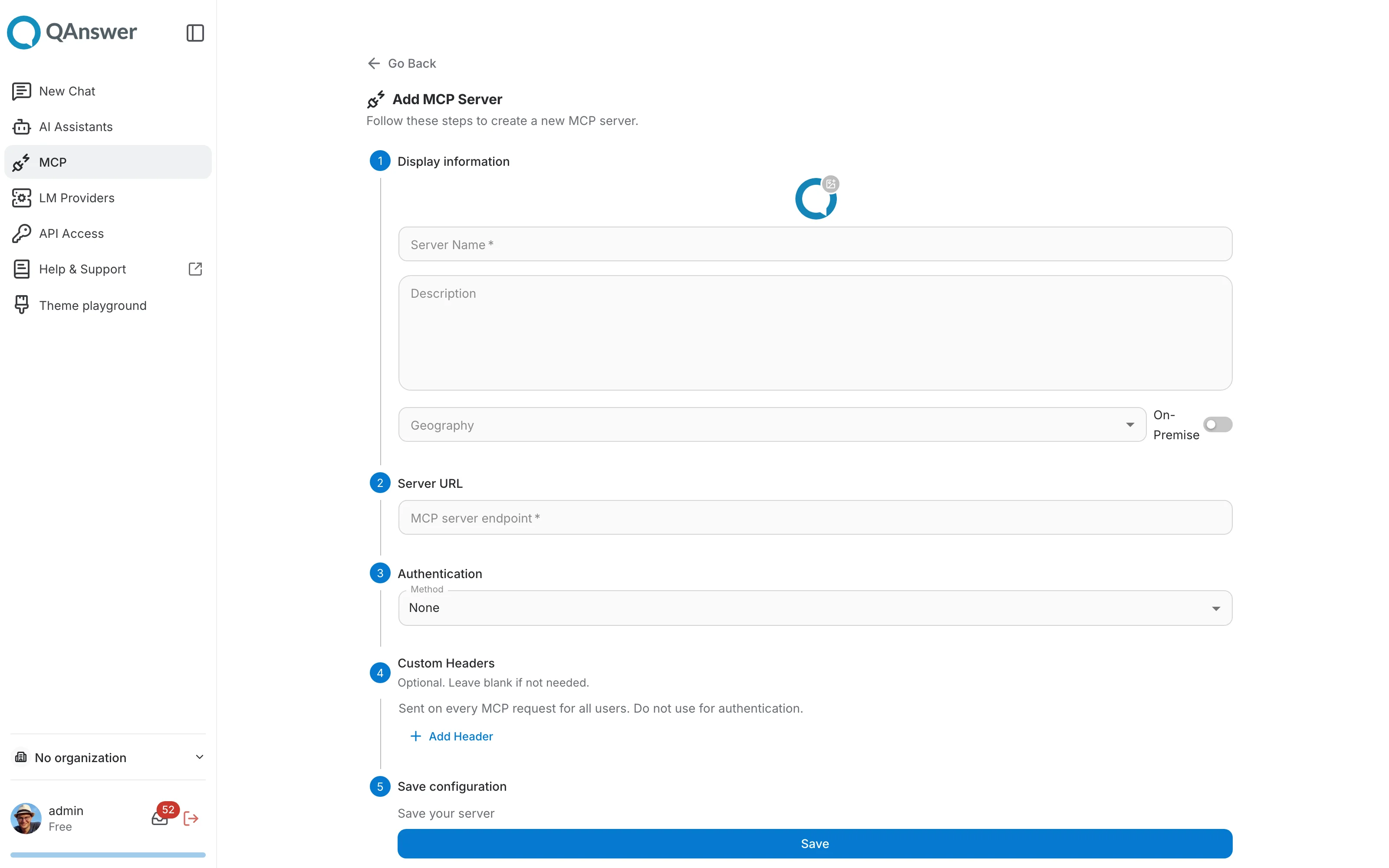 MCP Servers Create — Step 1, display information and server URL