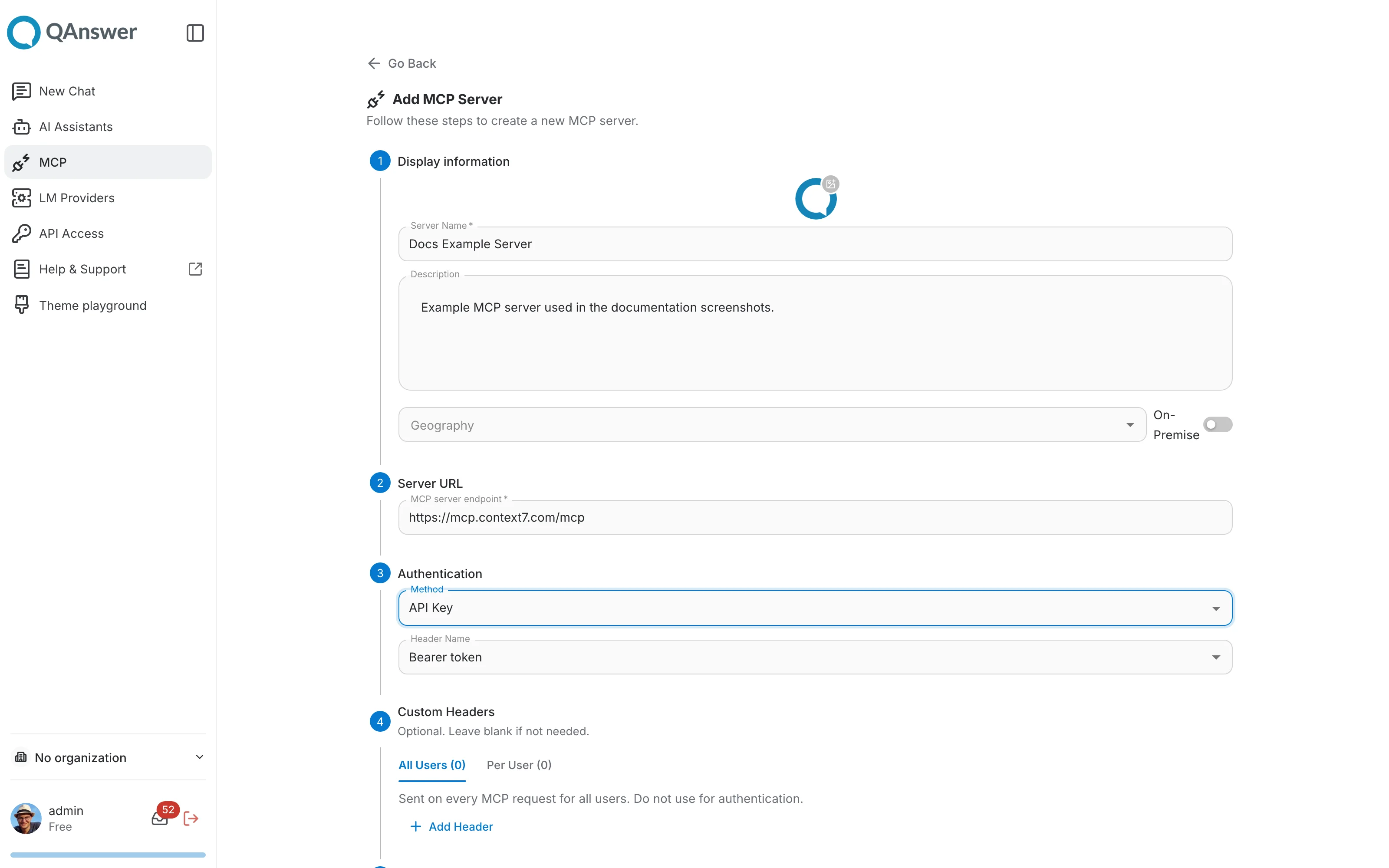 MCP Servers Create — Step 2, authentication and custom headers
