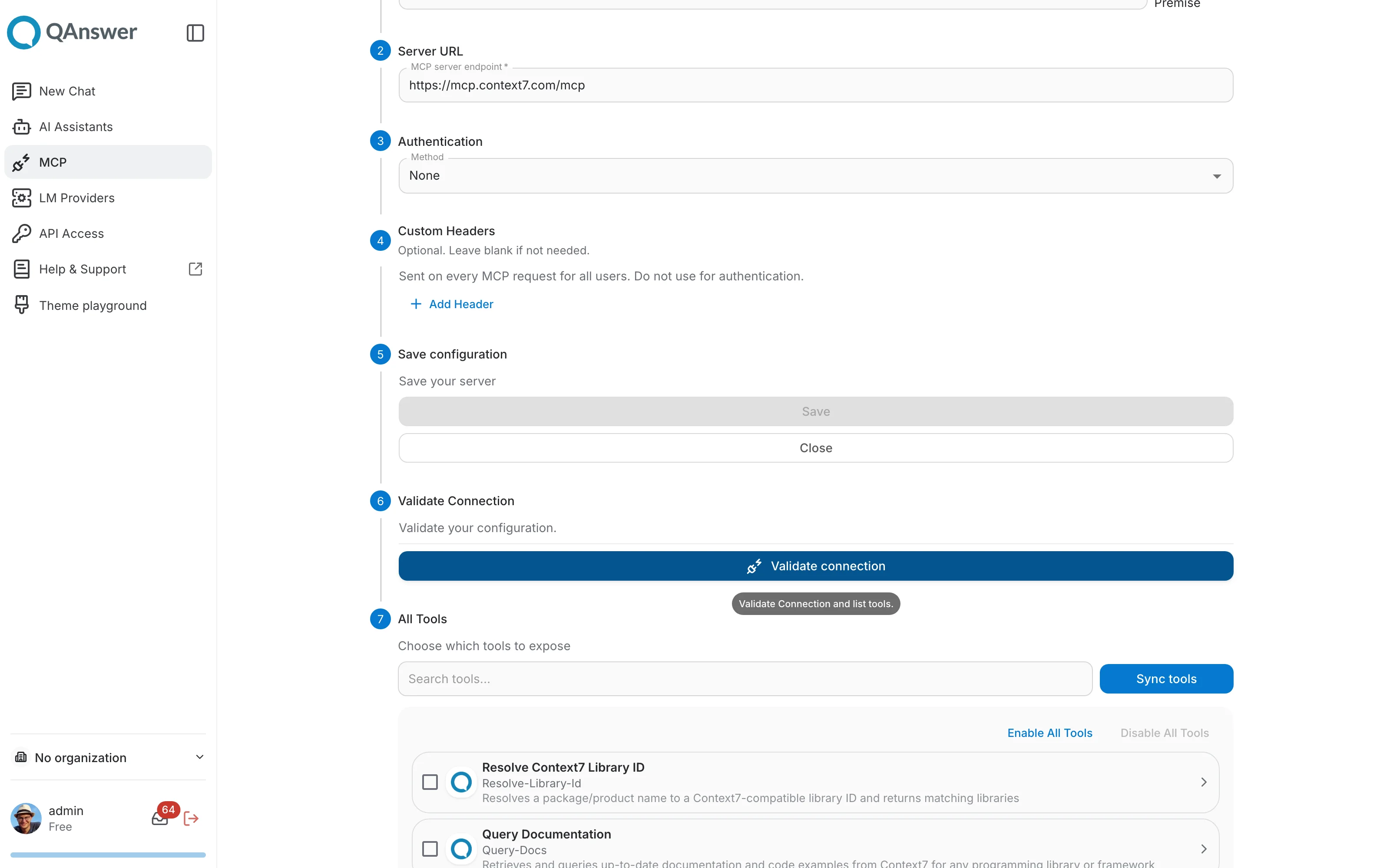 MCP Servers Create — Step 3, validating the connection and selecting tools