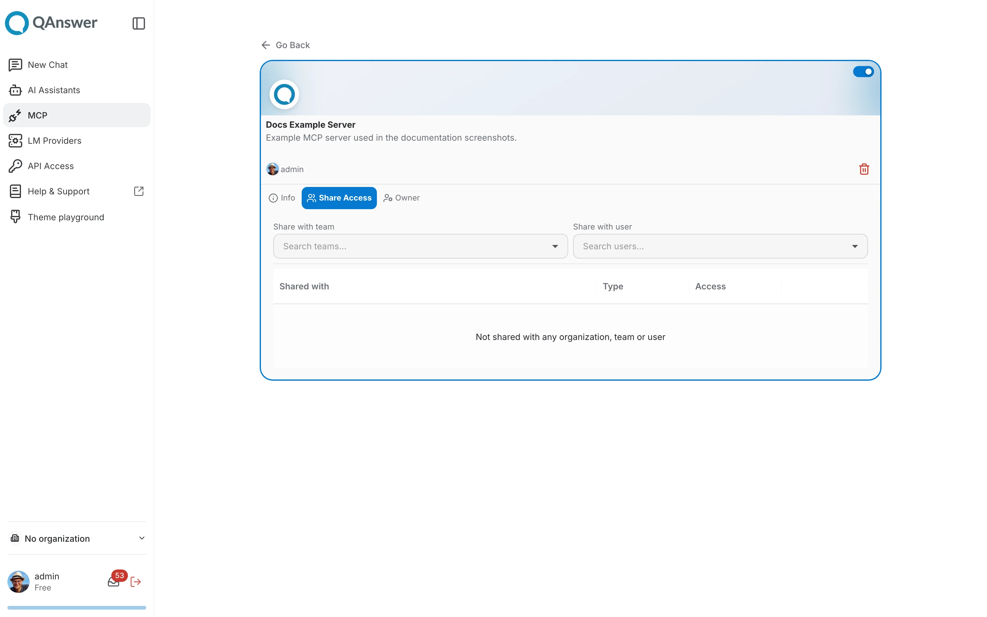 MCP Servers — detail page, Share Access tab
